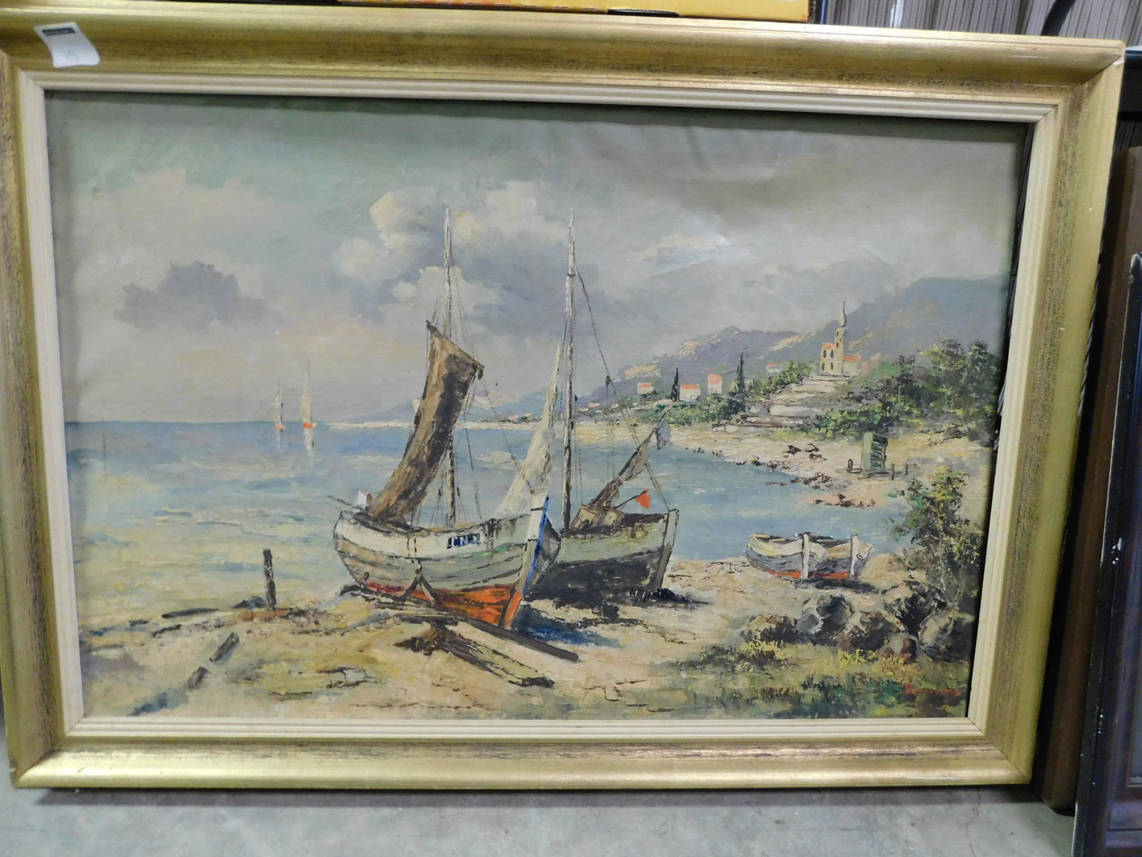 Oil on Canvas Inlet Scene: Oil on Canvas Signed - Mid Century Inlet Scene. Measures 20" tall x 40" w. This sale will be broadcast live on sale day with full descriptions of each lot being sold, as well as video feed of each lot