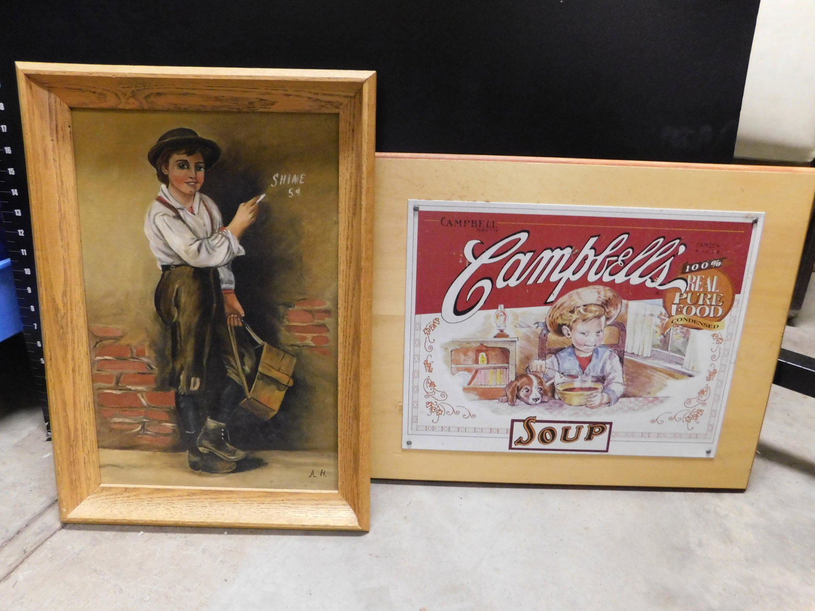 Oil on Canvas of Shoe Shine Boy and Campbell's Tin Sign: Lot of 2 Pieces of Art. Contains a Campbell's Soup Tin Sign and an Oil on Canvas of Shoe Shine Boy. This sale will be broadcast live on sale day with full descriptions of each lot being sold, as well 