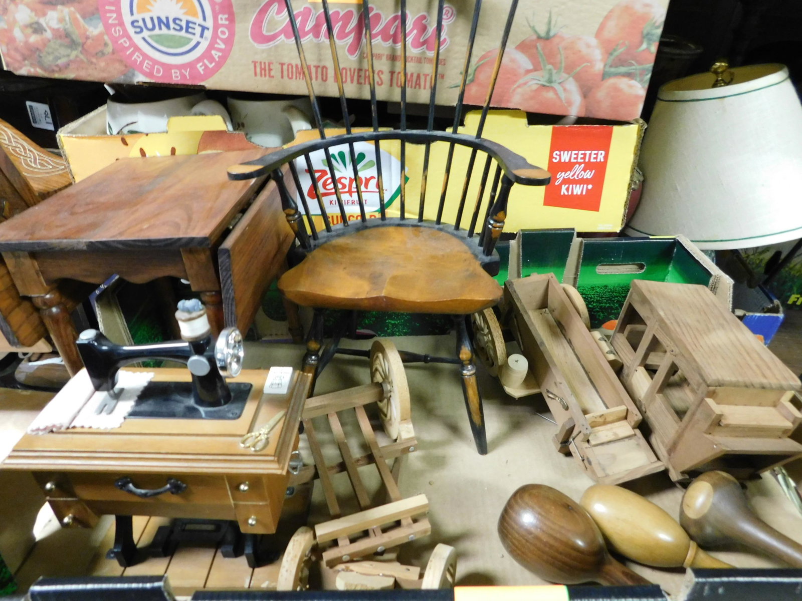 Box Lot with Music Box Sewing Machine and Wood Chair: Box Lot with Music Box Sewing Machine and Wooden Chair. This sale will be broadcast live on sale day with an auctioneer and caller calling full descriptions of each lot being sold, as well as video fe