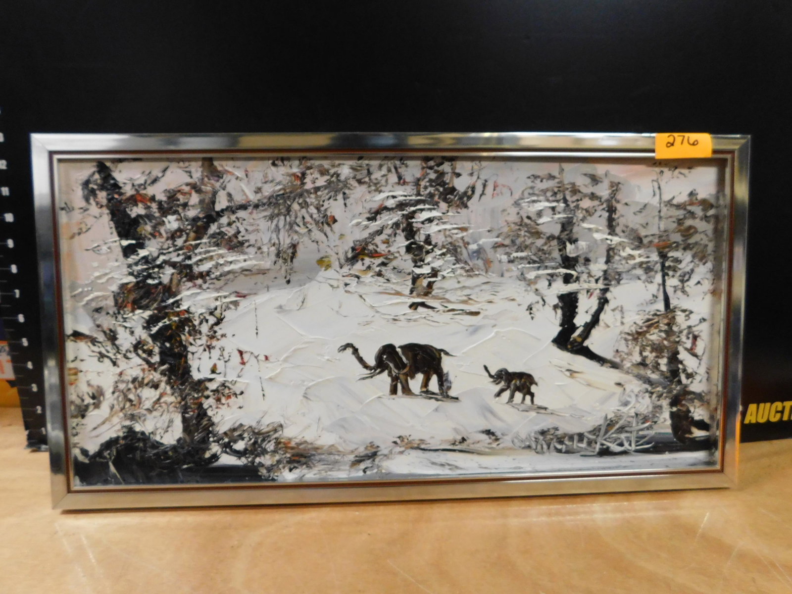 Elephants in Winter Scene - Maurice Katz Oil on Board: Maurice Katz Oil on Board Palate Knife Elephants in Winter Scene. Measures 13" tall x 25" wide. This sale will be broadcast live on sale day with an auctioneer and caller calling full descriptions of 
