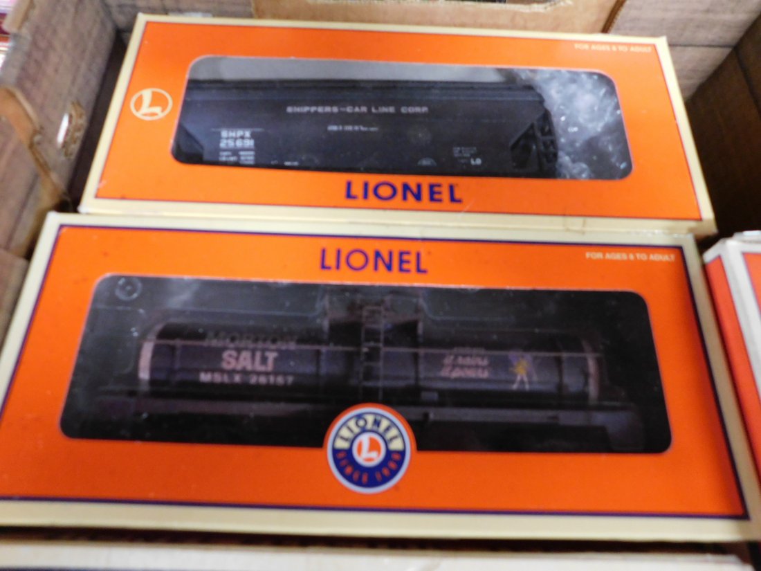 Group of 5 Train Cars: Group of 5 Train Cars including Lionel Morton Salt 1 Dome Tank Car 26157 Weathered, 2 x 2 Bay Hoppers Weathered, MTH Rail King Norfolk & Western Susquehanna Bobber Caboose 30-77026 and Lionel Western 