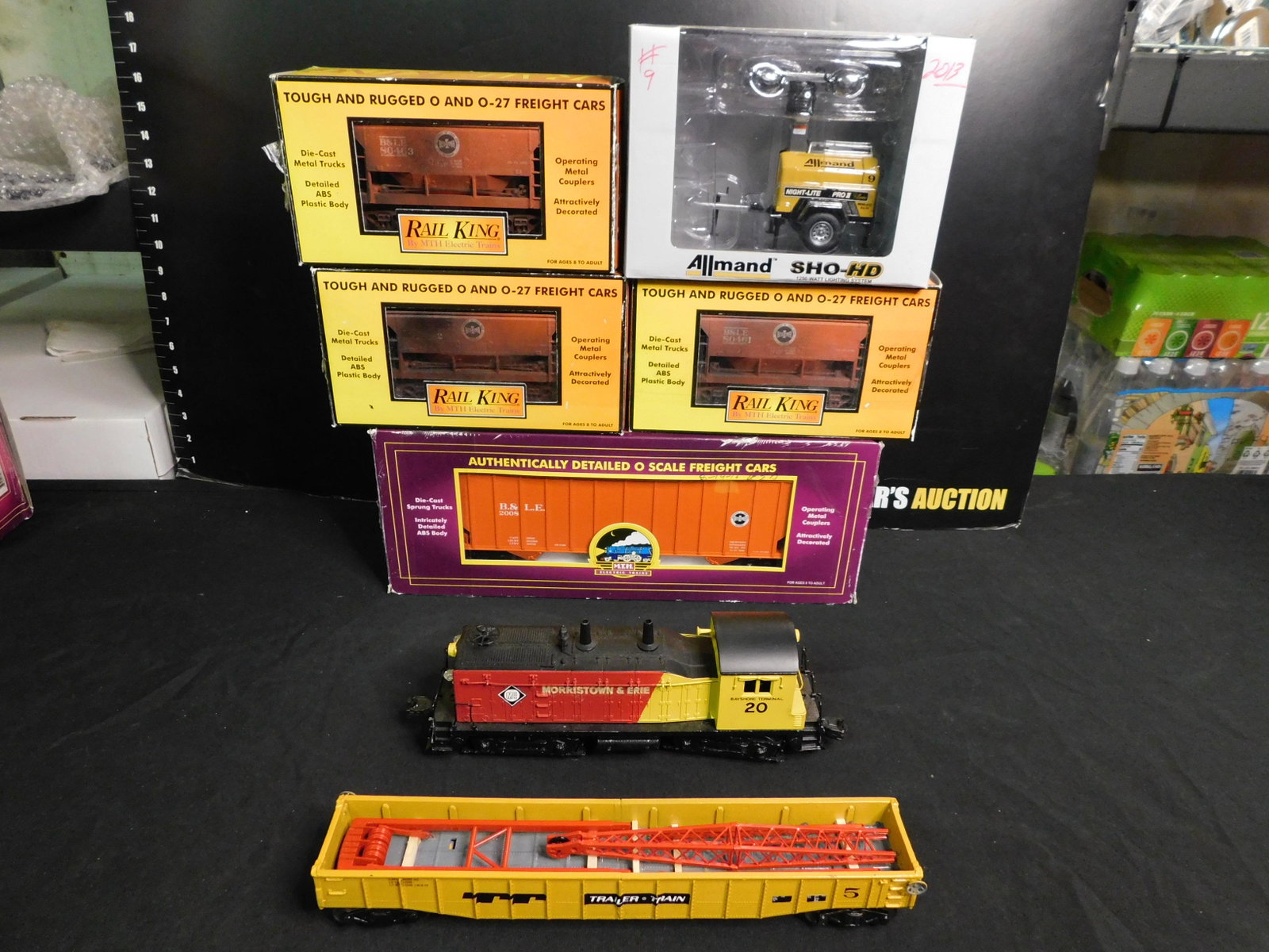 Lot of 7 Train Cars including Lionel and MTH: Lot of 7 Train Cars including Lionel Post War NW2 Switcher Customized for Morristown & Erie with Sound Board and Directional, Customized Gondola with Crane Load, 3 x MTH Rail King Vessimer & Lake Erie
