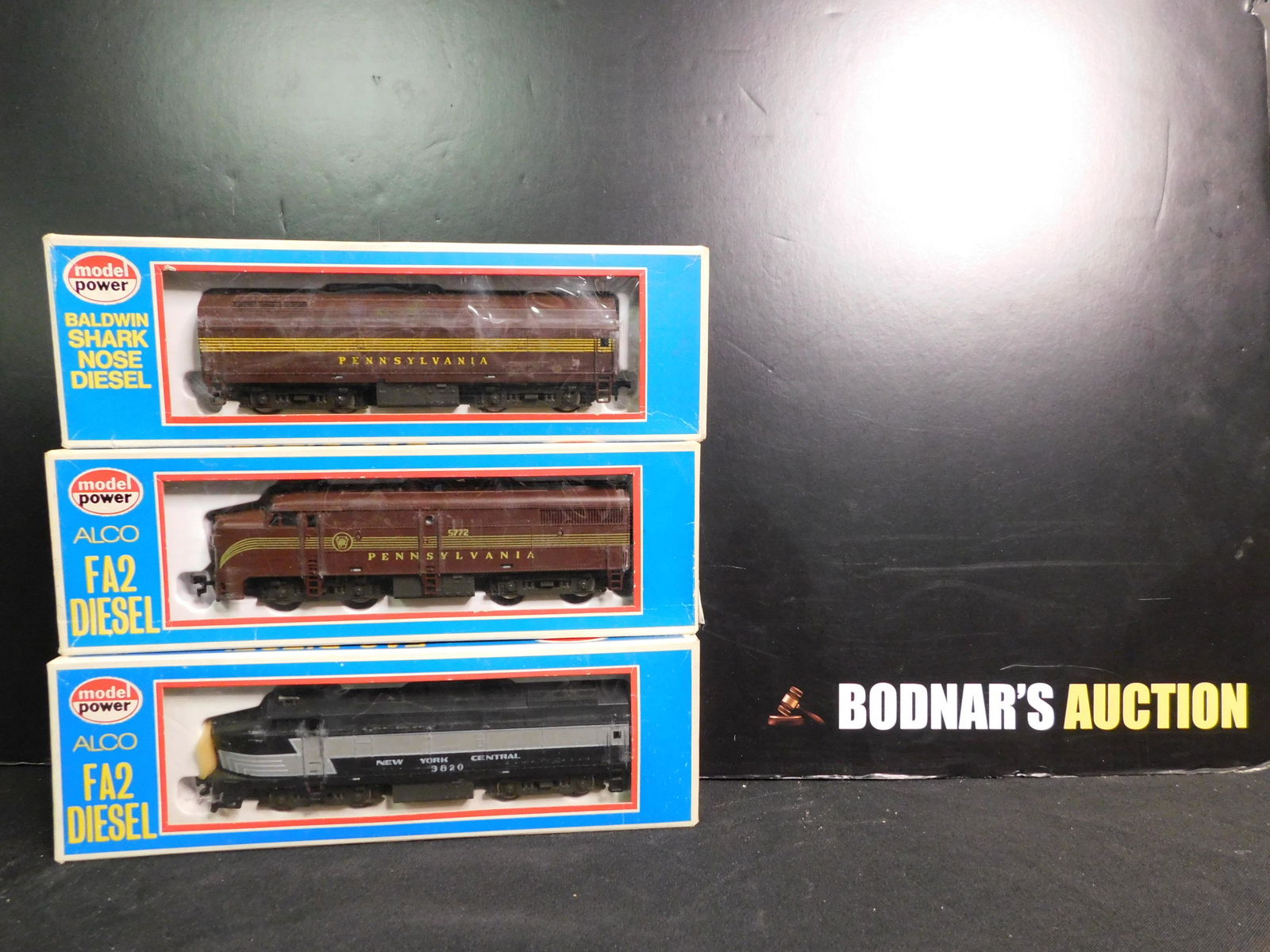 Lot of 3 Model Power HO Scale Engines: Lot of 3 Model Power HO Scale Engines including Alco FA2 Pennsylvania Diesel, Alco FA2 NY Central Diesel and Baldwin Shark nose Diesel B Unit. You are bidding at a live sale, please read the terms and