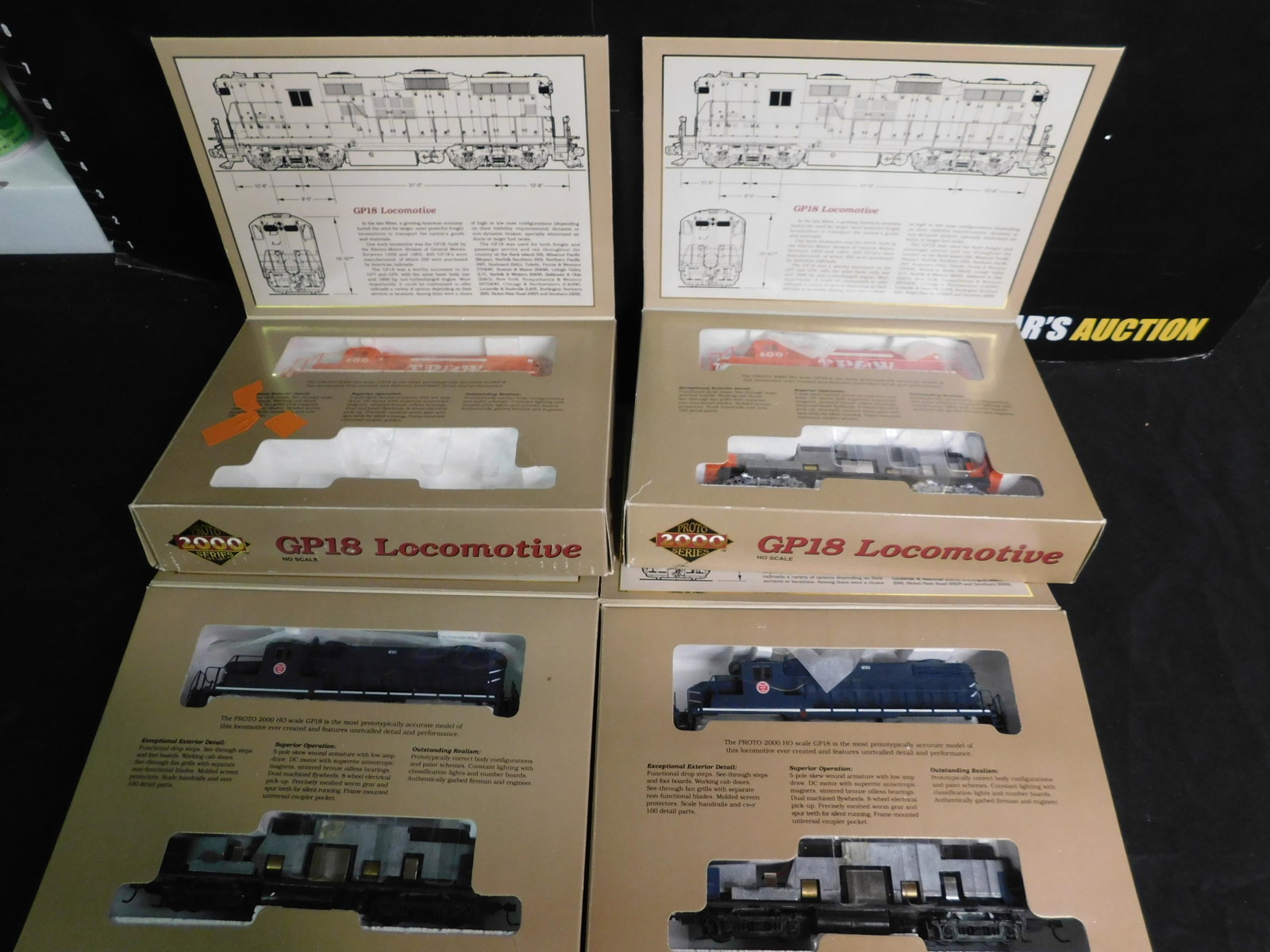 Lot of 4 Proto 2000 HO Scale Locomotives: Lot of 4 Proto 2000 HO Scale Locomotives including GP18 TP&W Diesel Locomotive - 1 Powered 1 Non- Powered and 2 x Missouri Diesel Engines. You are bidding at a live sale, please read the terms and con