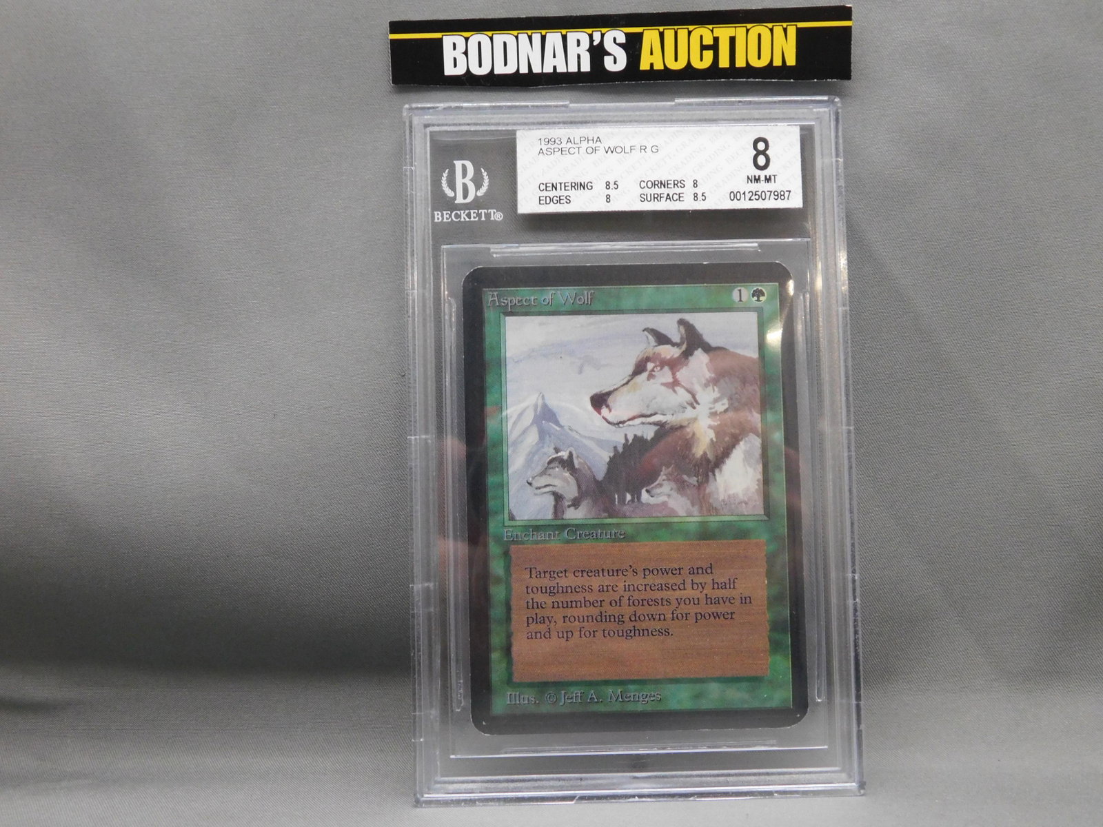 MTG Aspect of Wolf 1993 Alpha - BGS Graded: Magic the Gathering - Aspect of Wolf R G - Alpha Set 1993. Beckett Graded 8 NM-MT. Centering 8.5, Edges 8, Corners 8 and Surface 8.5. Serial #0012507987. You are bidding at a live sale, please read th