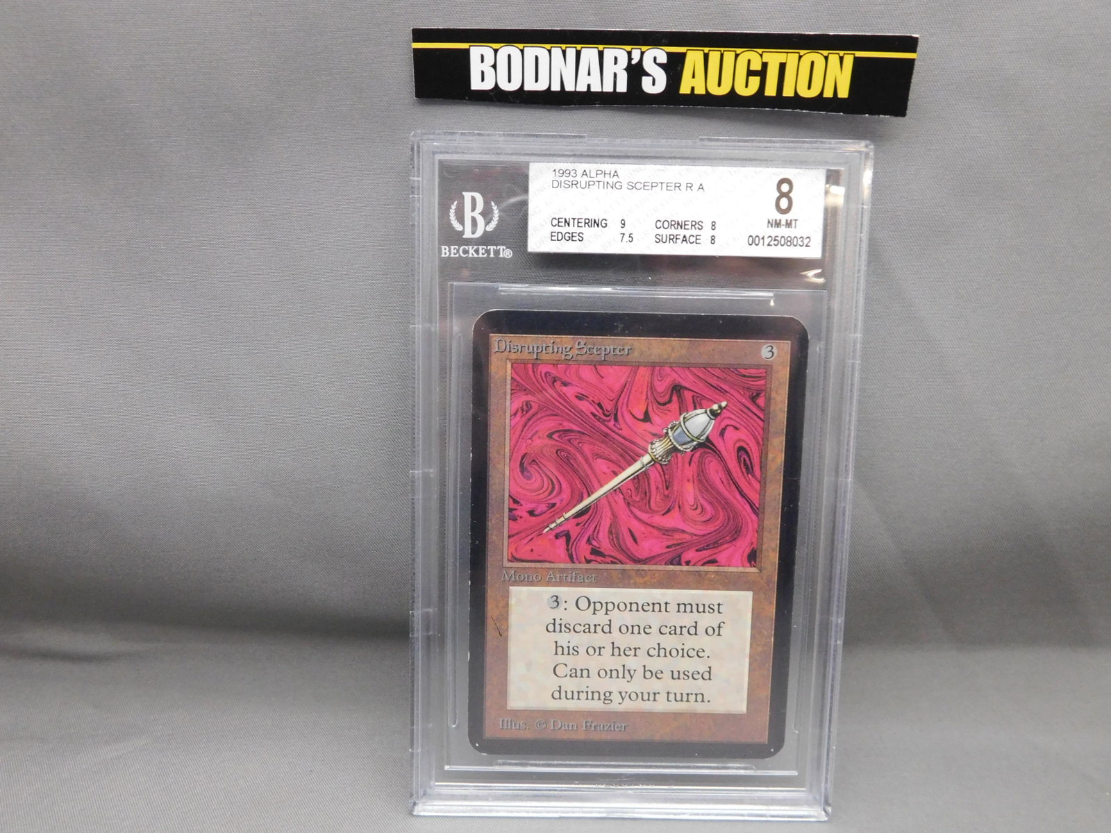 MTG Disrupting Scepter 1993 Alpha - BGS Graded: Magic the Gathering - Disrupting Scepter R A - Alpha Set 1993. Beckett Graded 8 NM-MT. Centering 9, Edges 7.5, Corners 8 and Surface 8. Serial #0012508032. You are bidding at a live sale, please read 