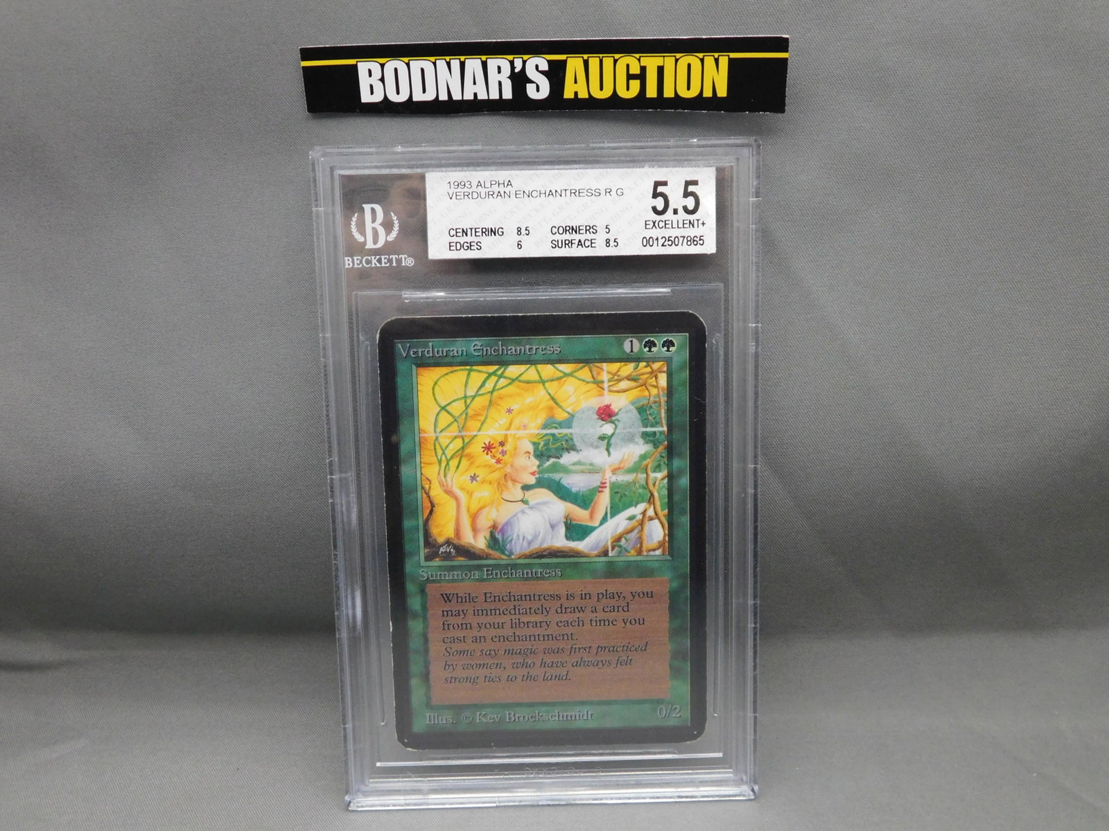 MTG Venduran Enchantress 1993 Alpha - BGS Graded: Magic the Gathering - Verduran Enchantress R G - Alpha Set 1993. Beckett Graded 5.5 Excellent+. Centering 8.5, Edges 6, Corners 5 and Surface 8.5. Serial #0012507865. You are bidding at a live sale, p