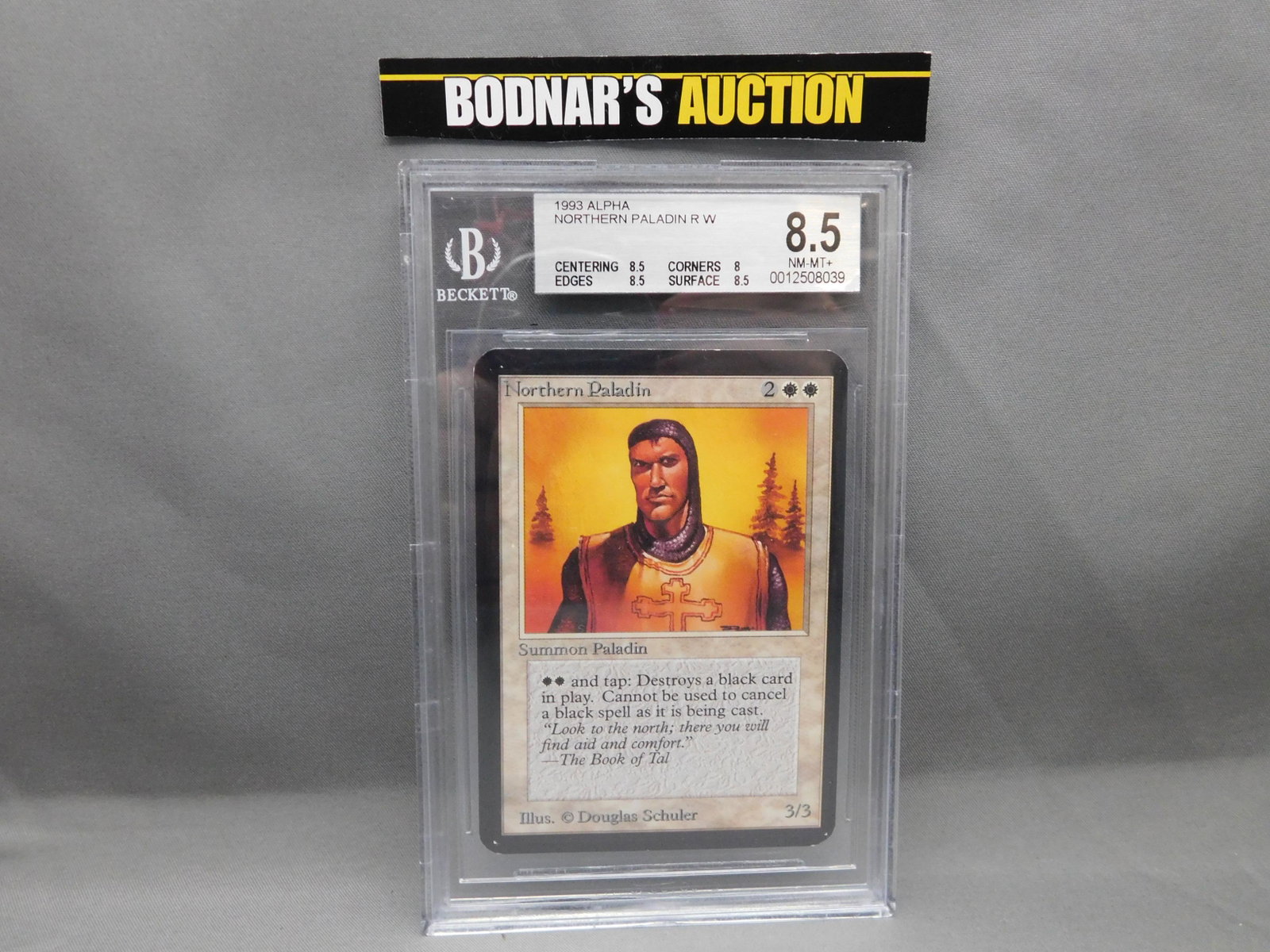 MTG Northern Paladin 1993 Alpha - BGS Graded: Magic the Gathering - Northern Paladin R W - Alpha Set 1993. Beckett Graded 8.5 NM-MT+. Centering 8.5, Edges 8.5, Corners 8 and Surface 8.5. Serial #0012508039. You are bidding at a live sale, please 