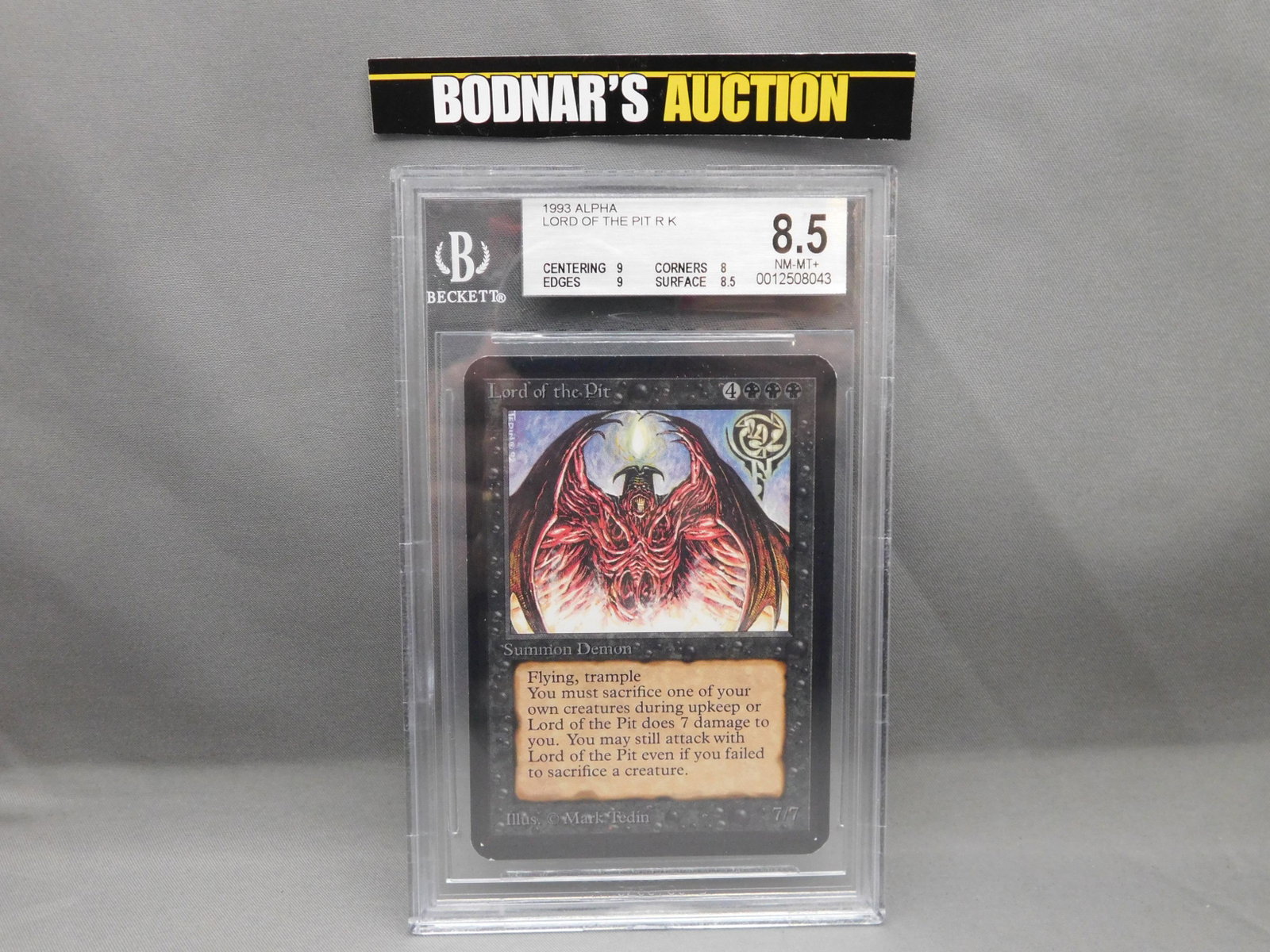 MTG Lord of the Pit 1993 Alpha - BGS Graded: Magic the Gathering - Lord of the Pit R K - Alpha Set 1993. Beckett Graded 8.5 NM-MT+. Centering 9, Edges 9, Corners 8 and Surface 8.5. Serial #0012508043. You are bidding at a live sale, please read 