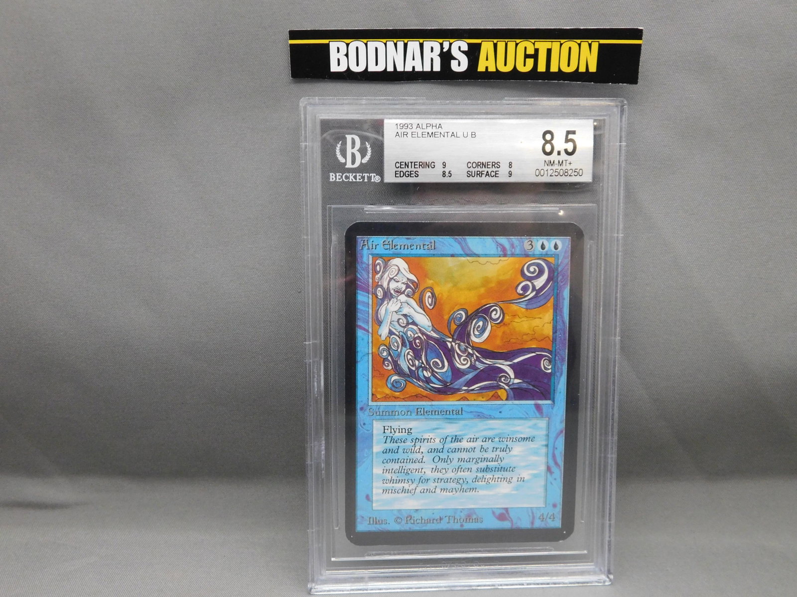 MTG Air Elemental 1993 Alpha - BGS Graded: Magic the Gathering - Air Elemental U B - Alpha Set 1993. Beckett Graded 8.5 NM-MT+. Centering 9, Edges 8.5, Corners 8 and Surface 9. Serial #0012508250. You are bidding at a live sale, please read th