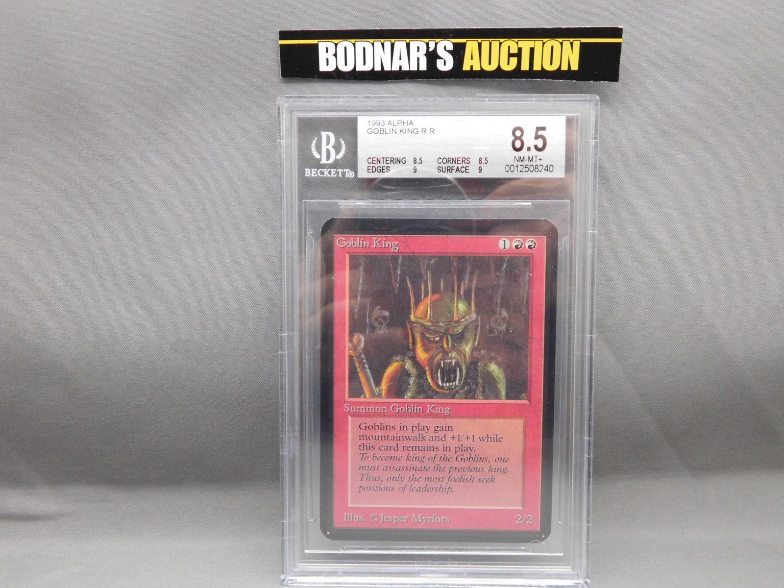 MTG Goblin King 1993 Alpha - BGS Graded: Magic the Gathering - Goblin King R R - Alpha Set 1993. Beckett Graded 8.5 NM-MT+. Centering 8.5, Edges 9, Corners 8.5 and Surface 9. Serial #0012508240. You are bidding at a live sale, please read th