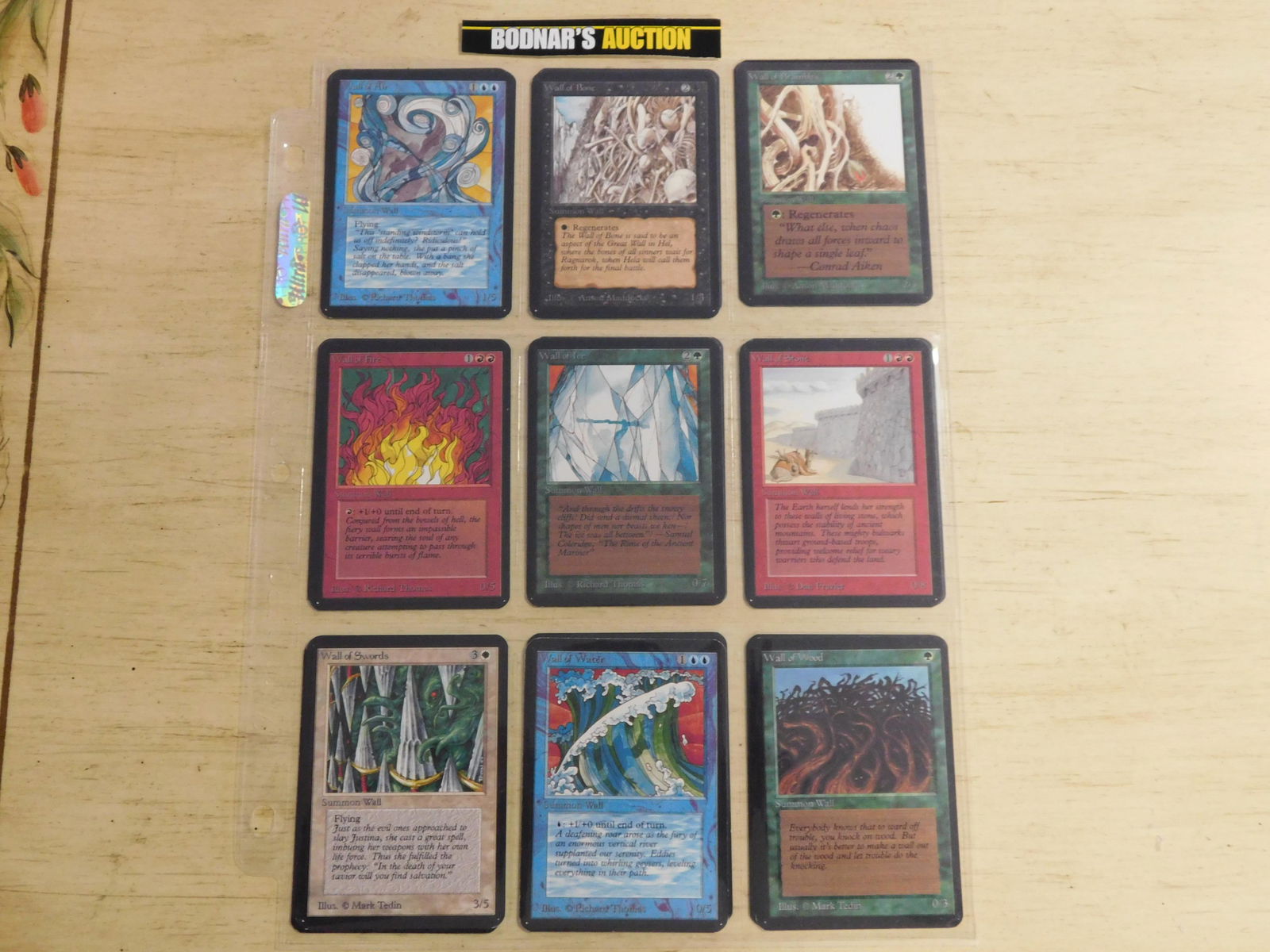 Lot of 9 MTG Alpha Set Cards - 1993: Lot of 9 Magic the Gathering 1993 Alpha Cards. Included in this lot are : Wall of Air, Wall of Bone, Wall of Brambles, Wall of Fire, Wall of Ice, Wall of Stone, Wall of Swords, Wall of Water and Wall