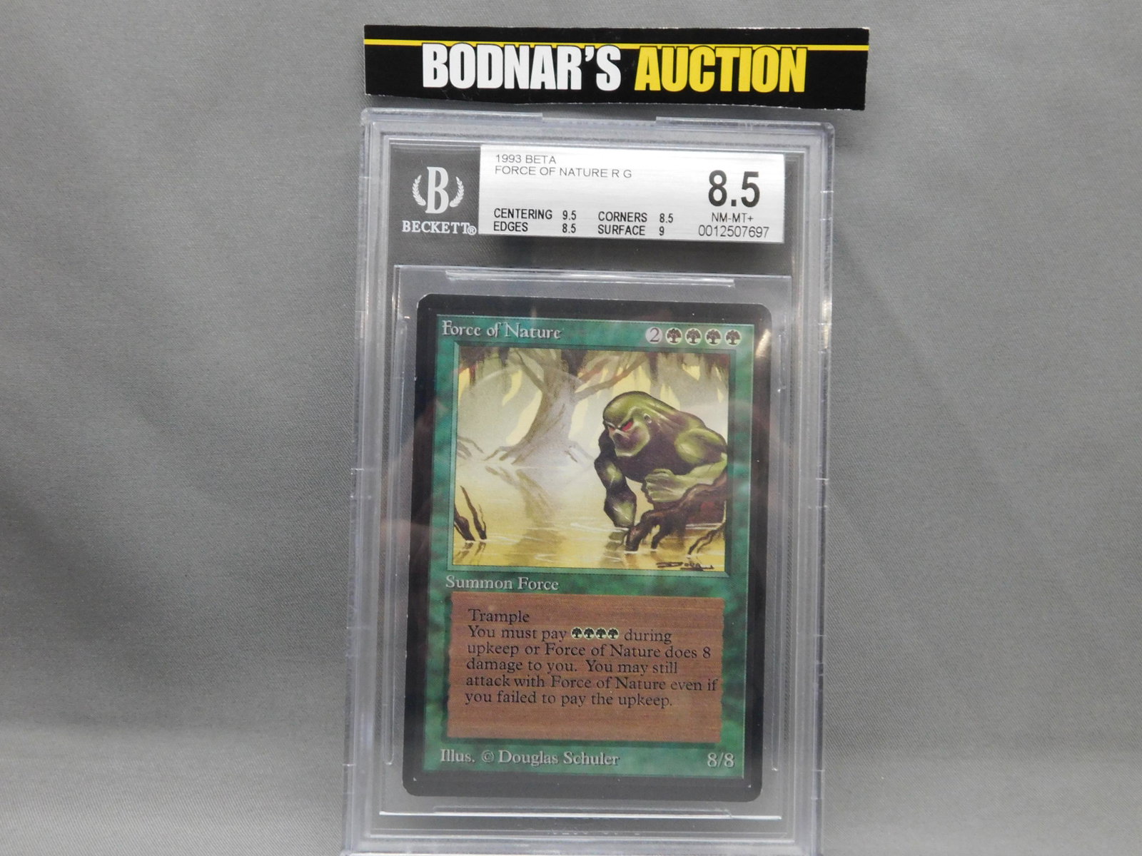 MTG Force of Nature 1993 Beta - BGS Graded: Magic the Gathering - Force of Nature R G - Beta Set 1993. Beckett Graded 8.5 NM-MT+. Centering 9.5, Edges 8.5, Corners 8.5 and Surface 9. Serial #0012507697. You are bidding at a live sale, please re