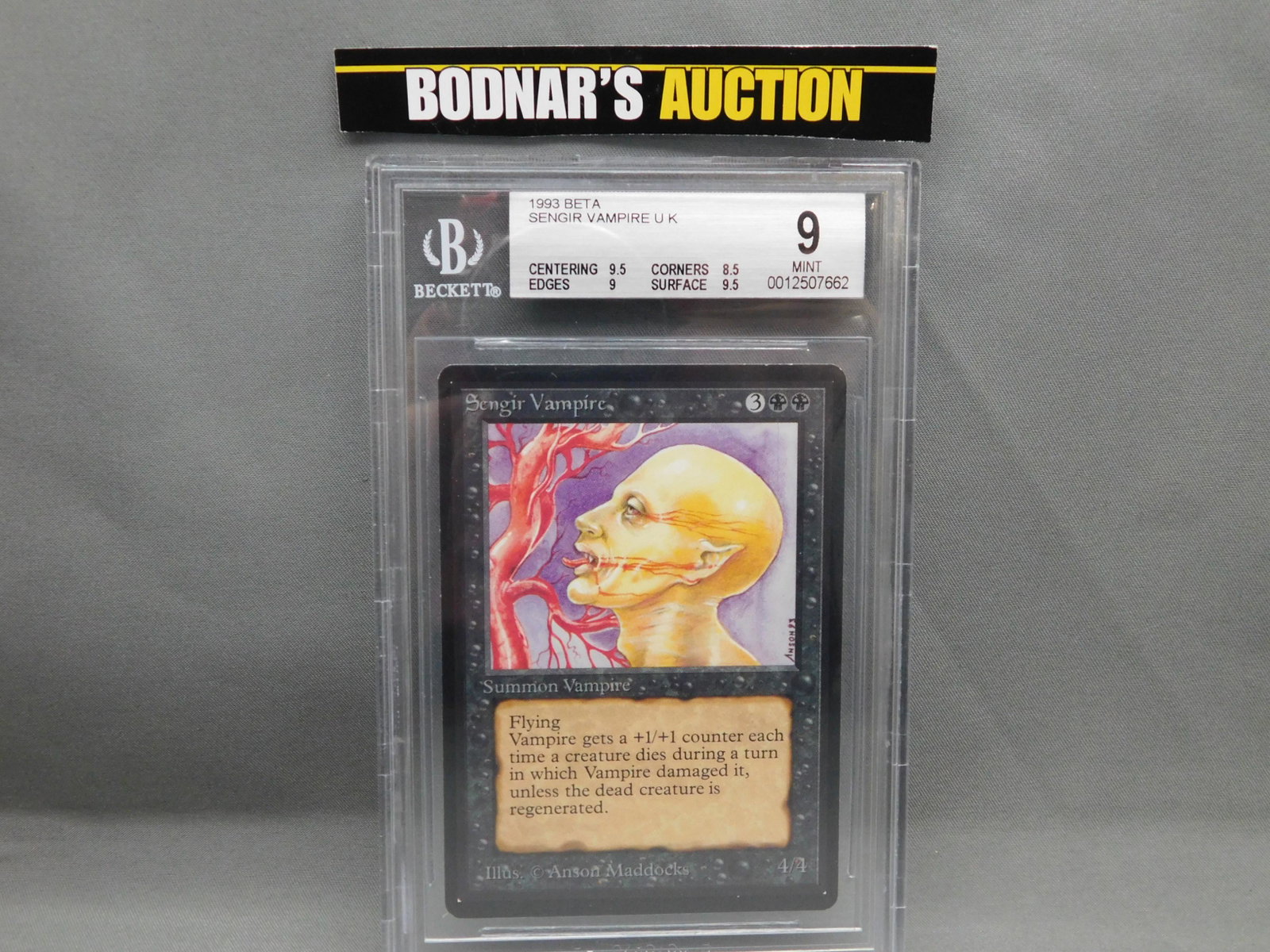 MTG Sengir Vampire 1993 Beta - BGS Graded: Magic the Gathering - Sengir Vampire U K - Beta Set 1993. Beckett Graded 9 MINT. Centering 9.5, Edges 9, Corners 8.5 and Surface 9.5. Serial #0012507662. You are bidding at a live sale, please read th