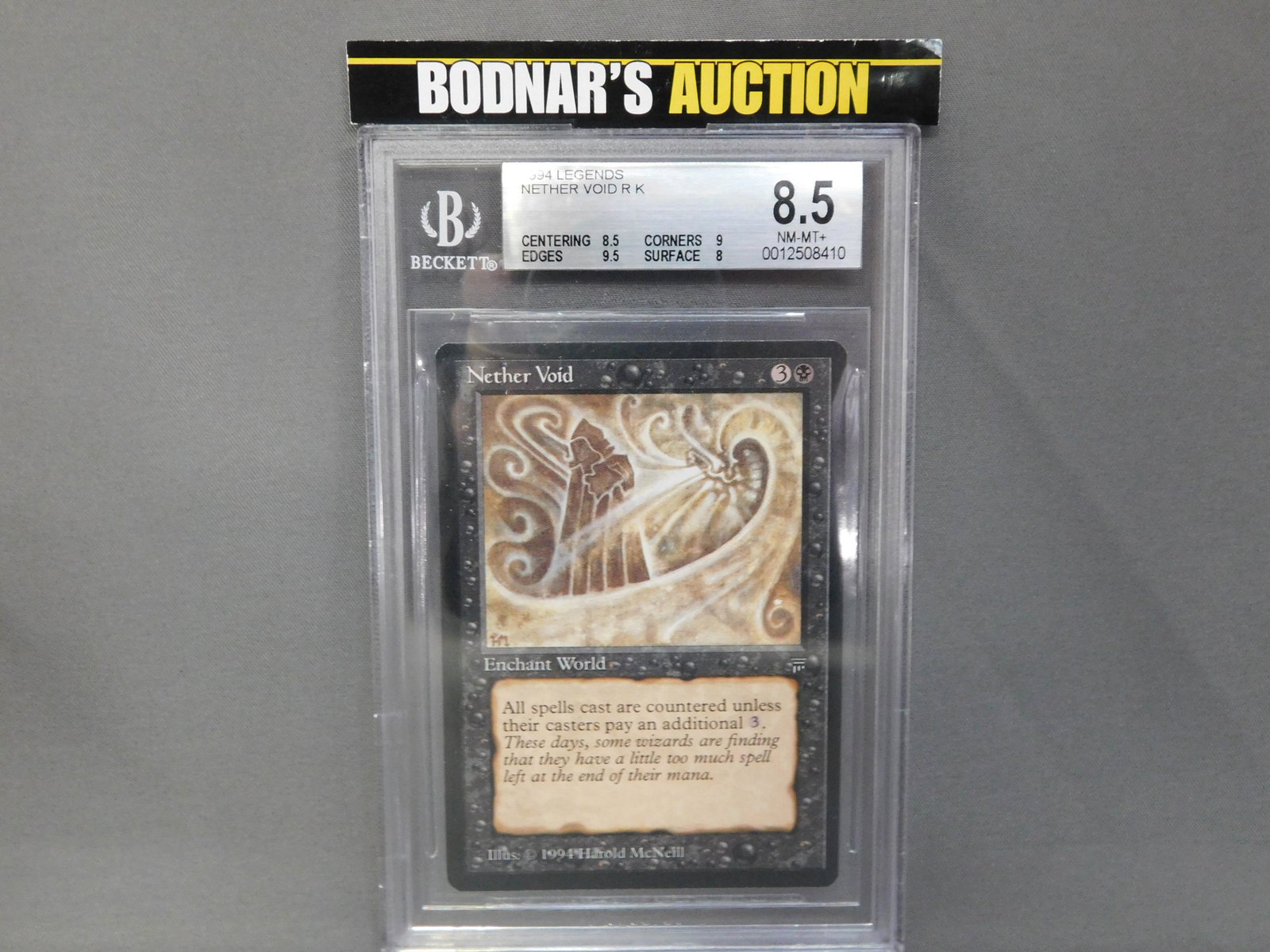 MTG Nether Void 1994 Legends - BGS Graded: Magic the Gathering - Nether Void R K - Legends 1994. Beckett Graded 8.5 NM-MT+. Centering 8.5, Edges 9.5, Corners 9 and Surface 8. Serial #0012508410. You are bidding at a live sale, please read the