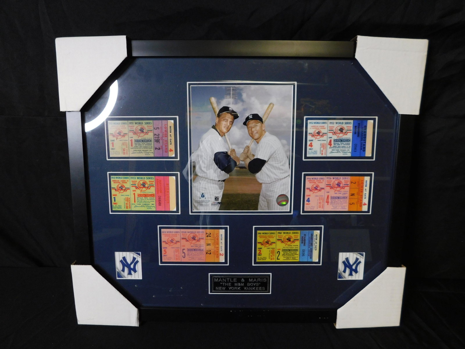 Mantle and Maris - The M&M Boys - NY Yankees Photo: New York Yankees - Mantle & Maris "The M&M Boys" Framed and Matted Photo with 6 Tickets. This sale will be broadcast live on sale day with an auctioneer and caller calling full descriptions of each lo