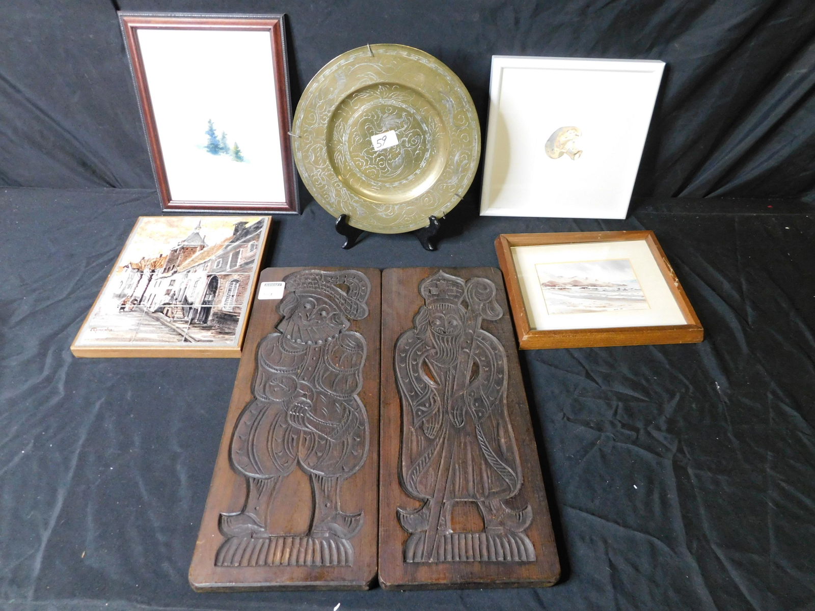 Box Lot with Artwork, Carved Wood Wall Decoration, and (1 of 2)
