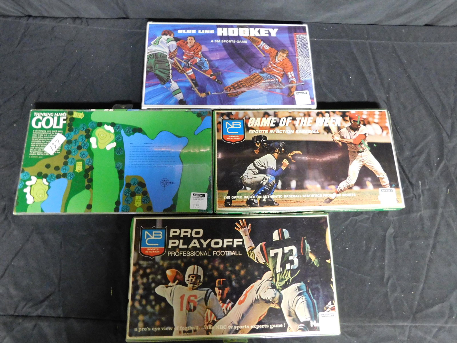 Lot of 4 Vintage Sports Games including Blue Line: Lot of 4 Vintage Sports Games. Included are Blue Line Hockey, Thinking Man's Golf, Game of the Week, and Pro Playoff Professional Football. This sale will be broadcast live on sale day with an auction