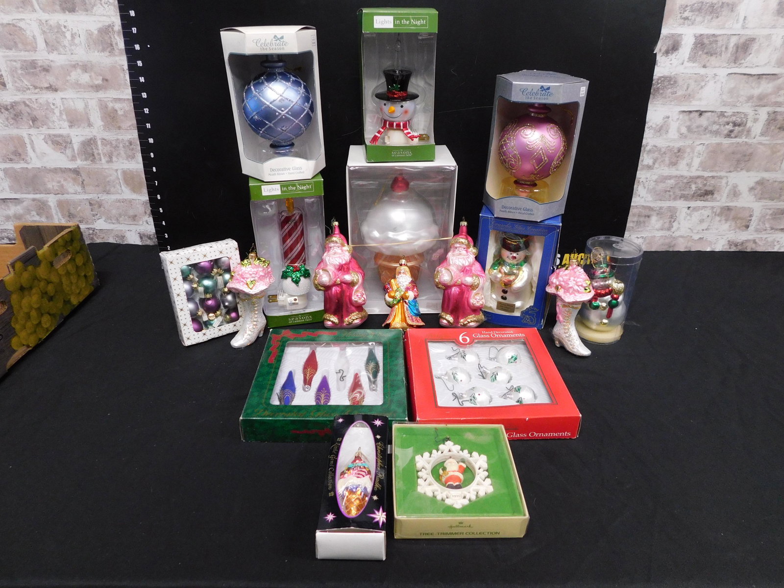 Group Lot of Christmas Ornaments including Dept. 56: Group Lot of Christmas Ornaments including a Large Dept. 56 Mercury Glass Ice Cream Cone. This sale will be broadcast live on sale day with an auctioneer and caller calling full descriptions of each l