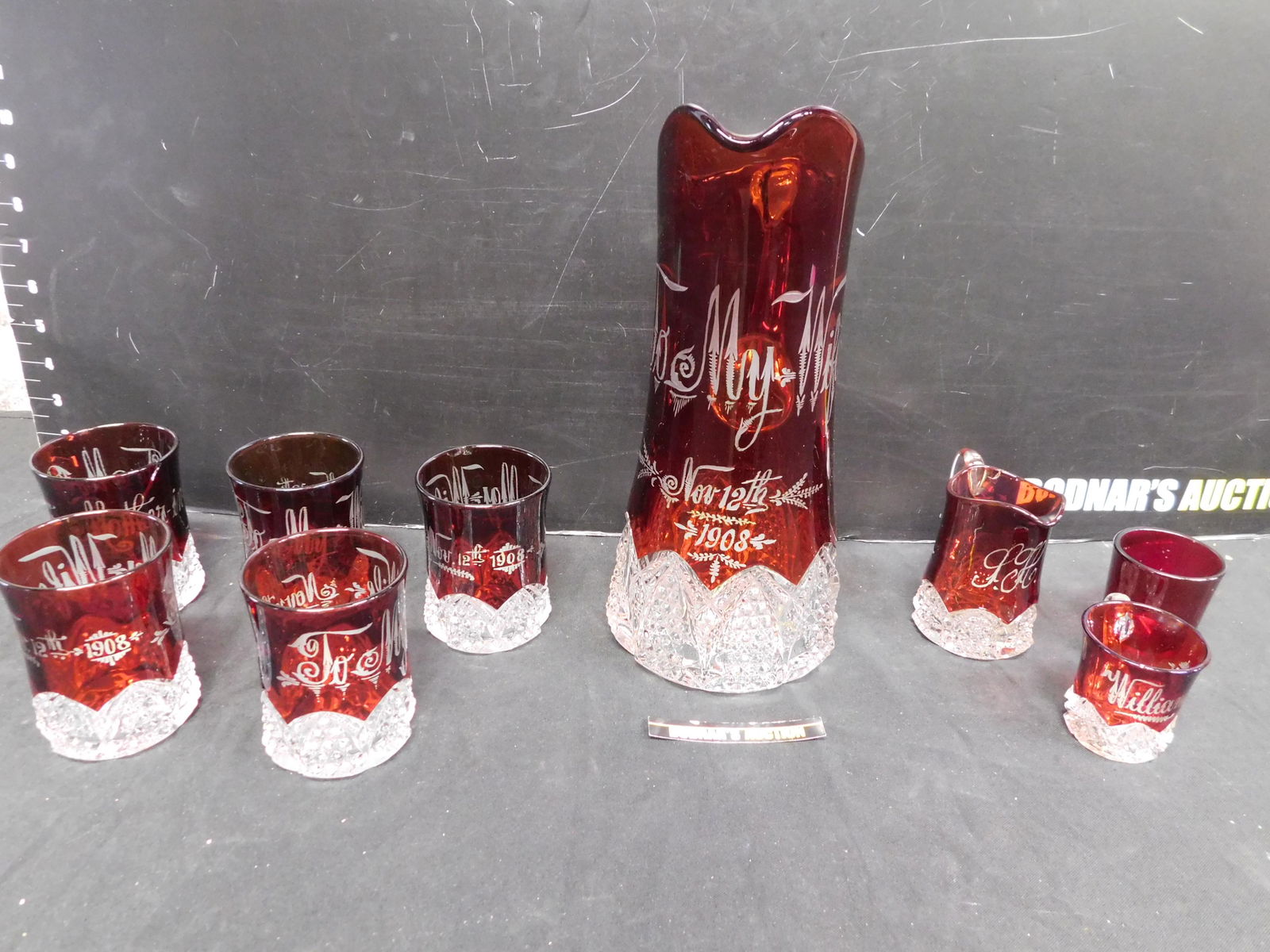 Ruby and Clear Souvenir Glasses and Water Pitcher (1 of 6)