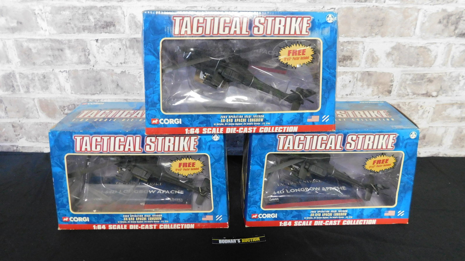 Lot of 3 Corgi Tactical Strike Helicopters: Lot of 3 Corgi Tactical Strike 2003 Iraqi Freedom AH064D Apache Longbow 1:64 Scale Die-Cast Helicopters. We are offering contact-less pick ups at our South Brunswick location by APPOINTMENT ONLY on th