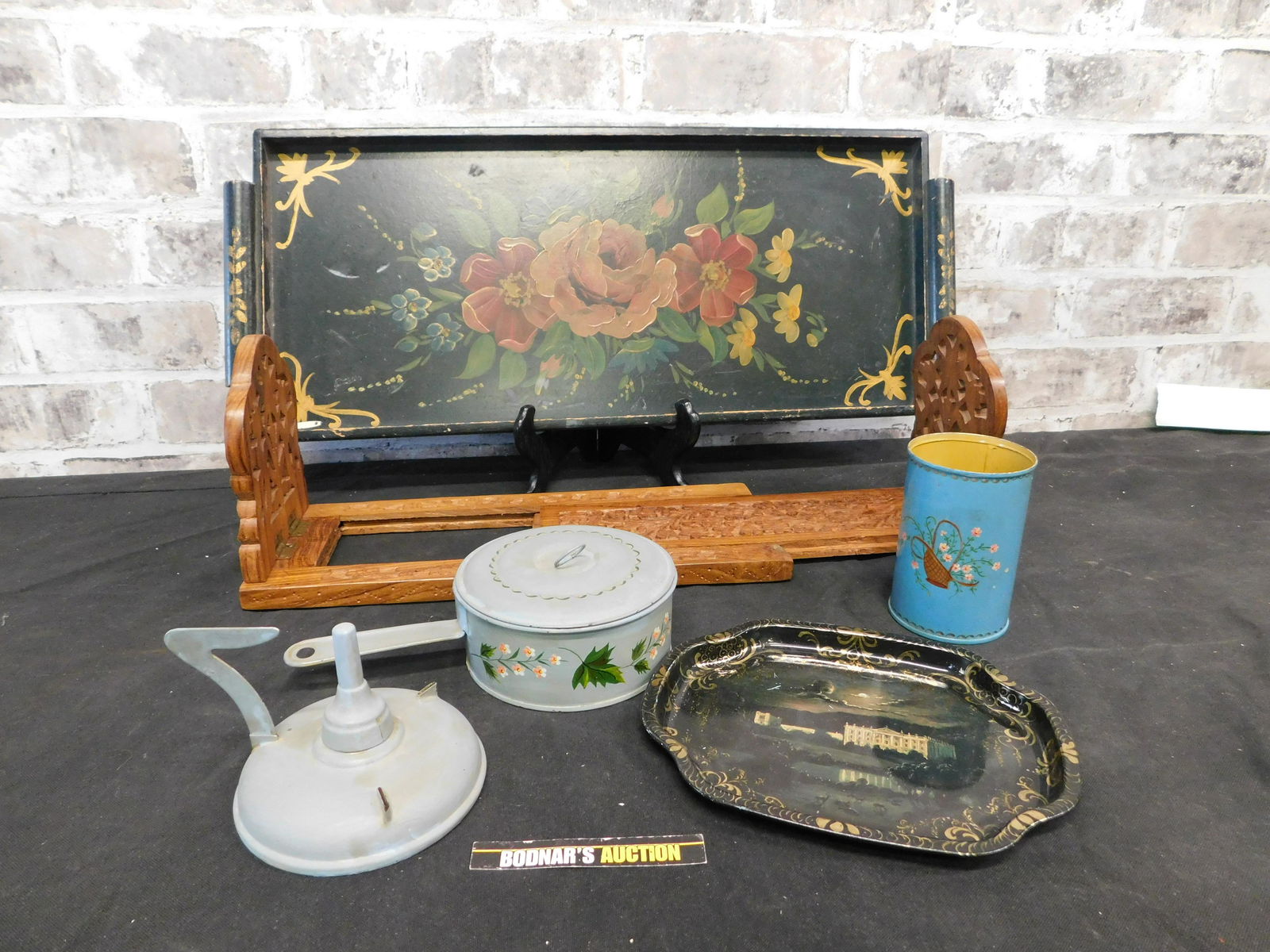 Group Lot of Toleware and Wooden Rack and Tray (1 of 5)