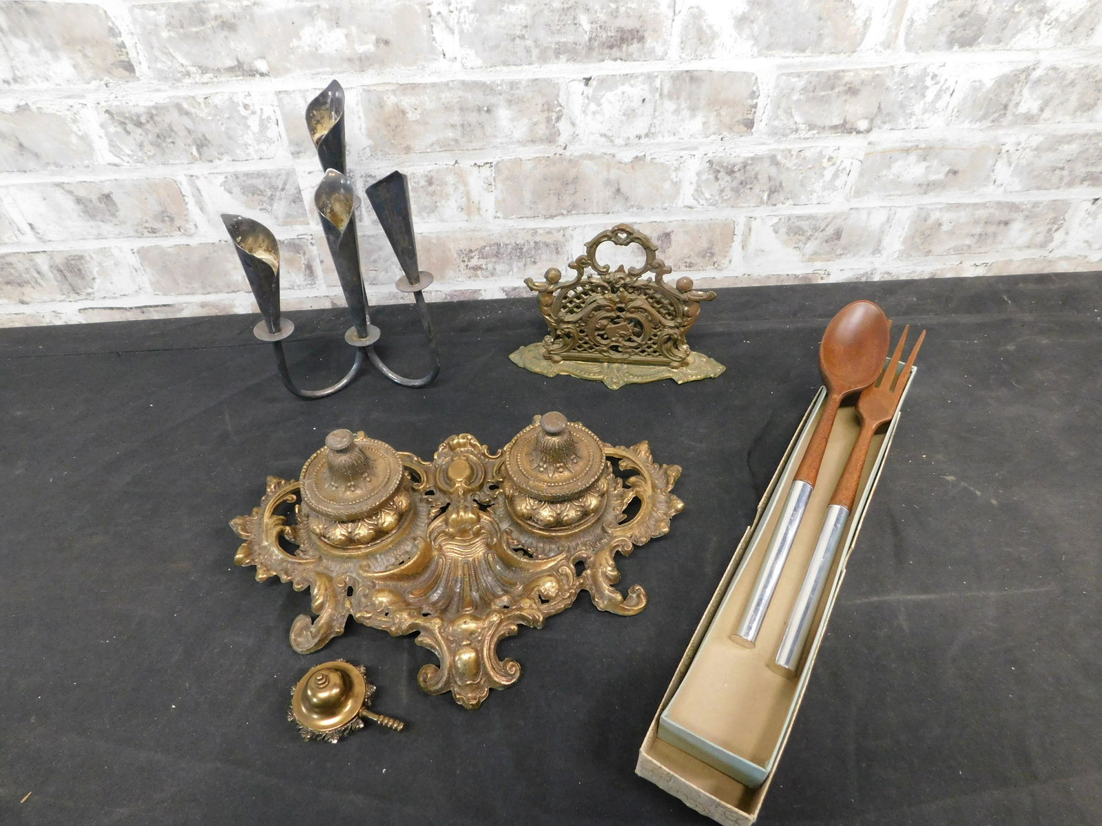 Box Lot of Metal including Serving Spoons and Inkwell (1 of 6)