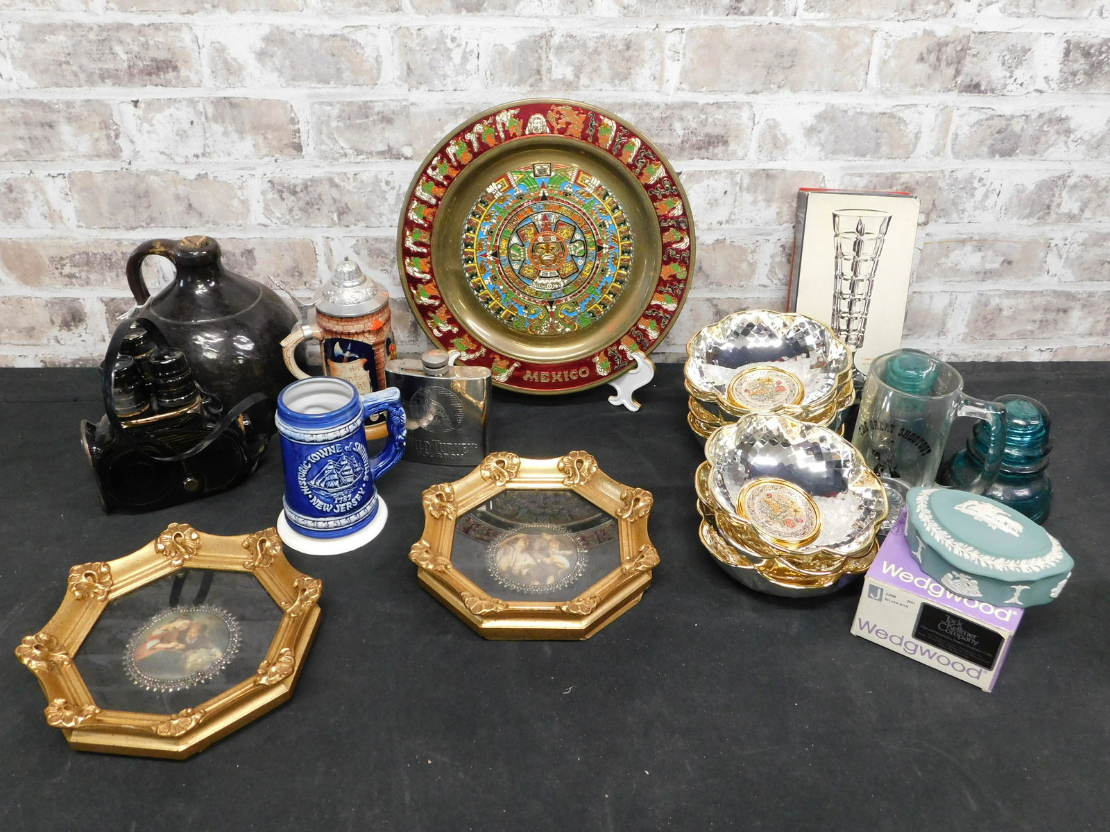 Box Lot with Brass, Insulators, Decanter and More (1 of 7)