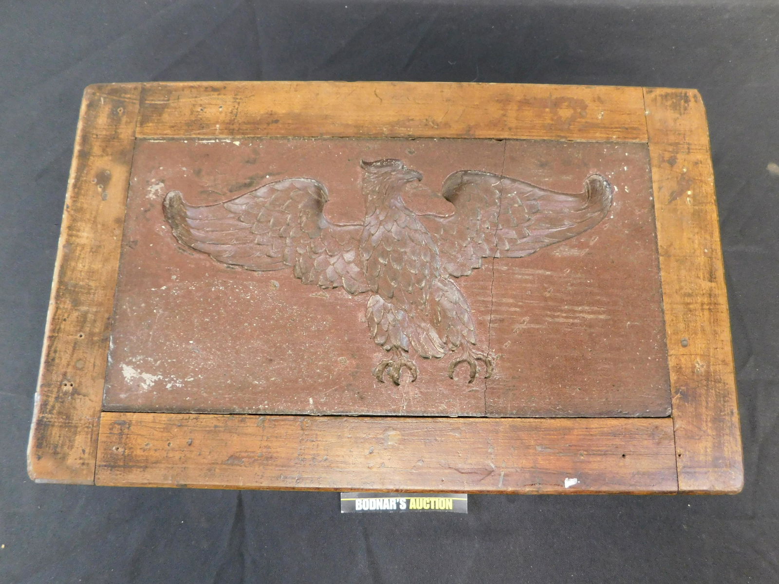 Wooden Eagle Mold: Wooden Eagle Mold. Measures 10.5" tall x 17" wide. This sale will be broadcast live on sale day with an auctioneer and caller calling full descriptions of each lot being sold, as well as video feed of