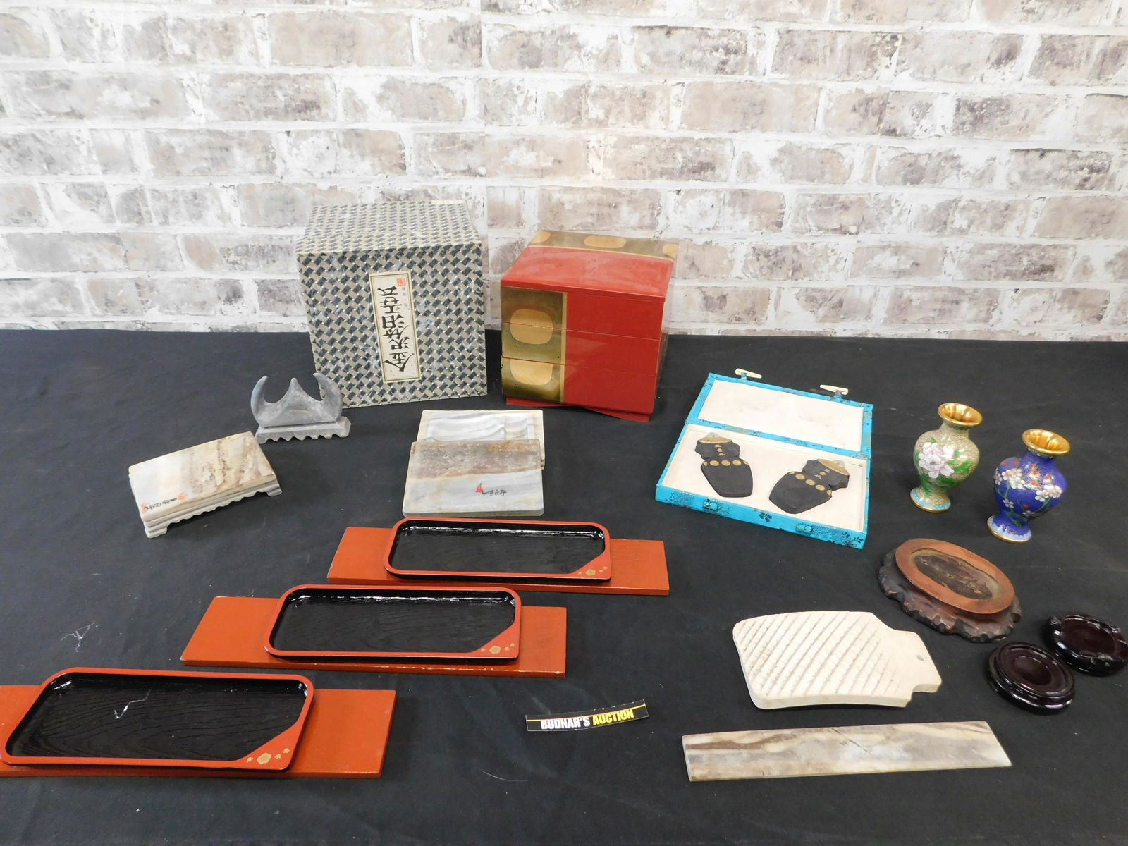 Asian Grouping including Dishes, Decoration, and: Asian Grouping including Dishes, Ink and Ink Wells, and CloisonnÃ© Vases. This sale will be broadcast live on sale day with an auctioneer and caller calling full descriptions of each lot being sold,