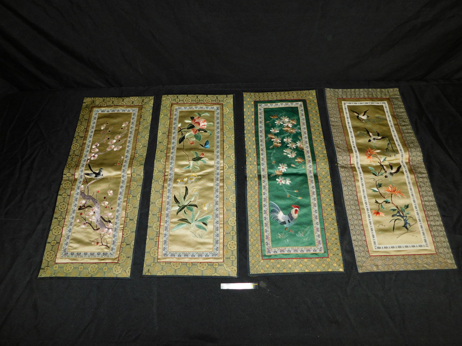 Lot of 4 Asian Hand Embroidered and Silk Decorative: Lot of 4 Asian Hand Embroidered and Silk Decorative Table Runners. All measure 23" x 10". You are bidding at a live sale, please read the terms and conditions. We are offering contact-less pick ups at