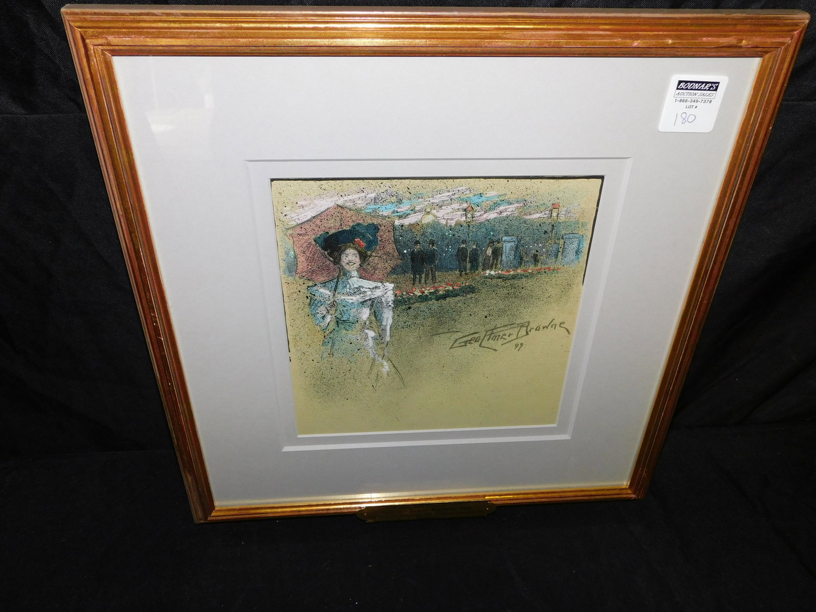 Framed Watercolor Impressionist Painting of Woman with: Framed Watercolor Impressionist Painting depicting a woman with parasol. Signed George Elmer Browne 99. Measures 18" tall x 18" wide. Plaque on front states Woman with Parasol 1899 George Elmer Browne