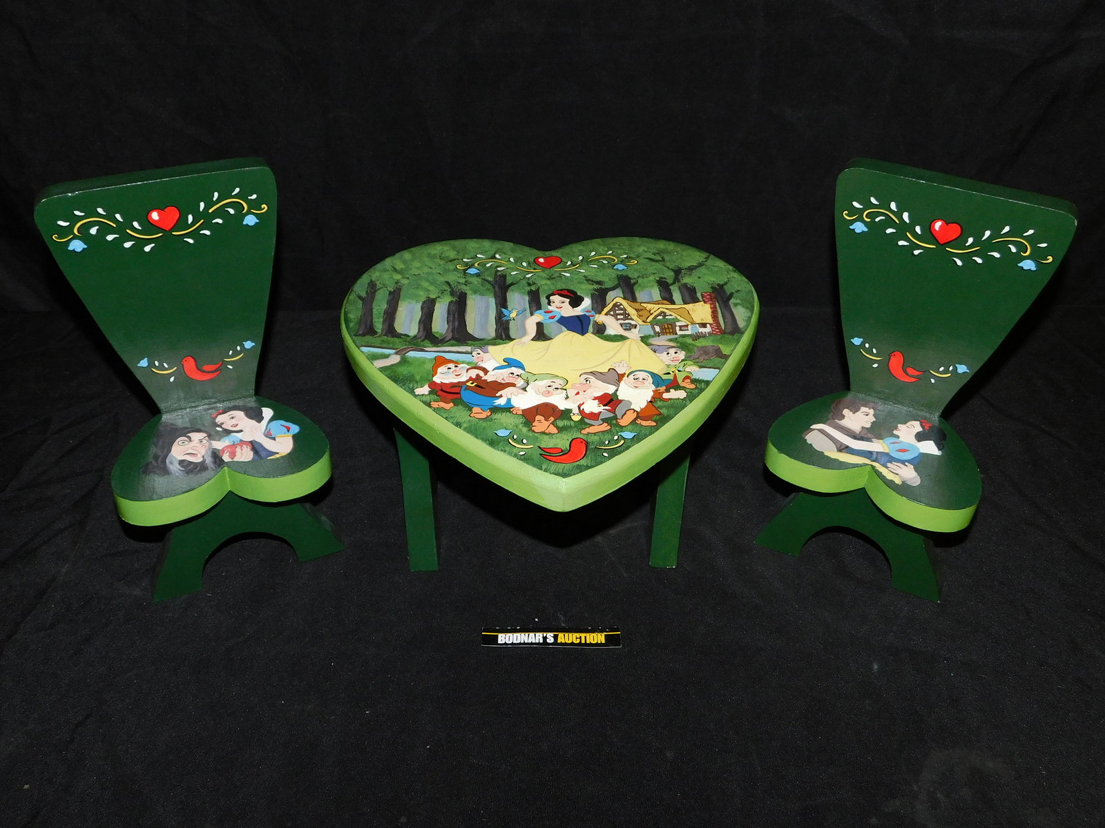 Snow White Hand Painted Decorative Table and Chairs: Snow White and The Seven Dwarfs Hand Painted Decorative Table and Chairs. Nicely done. Unsigned. Measures 7" tall x 10.5" wide. Chairs measure 9.5" tall. This sale is an in-house shipping sale on most