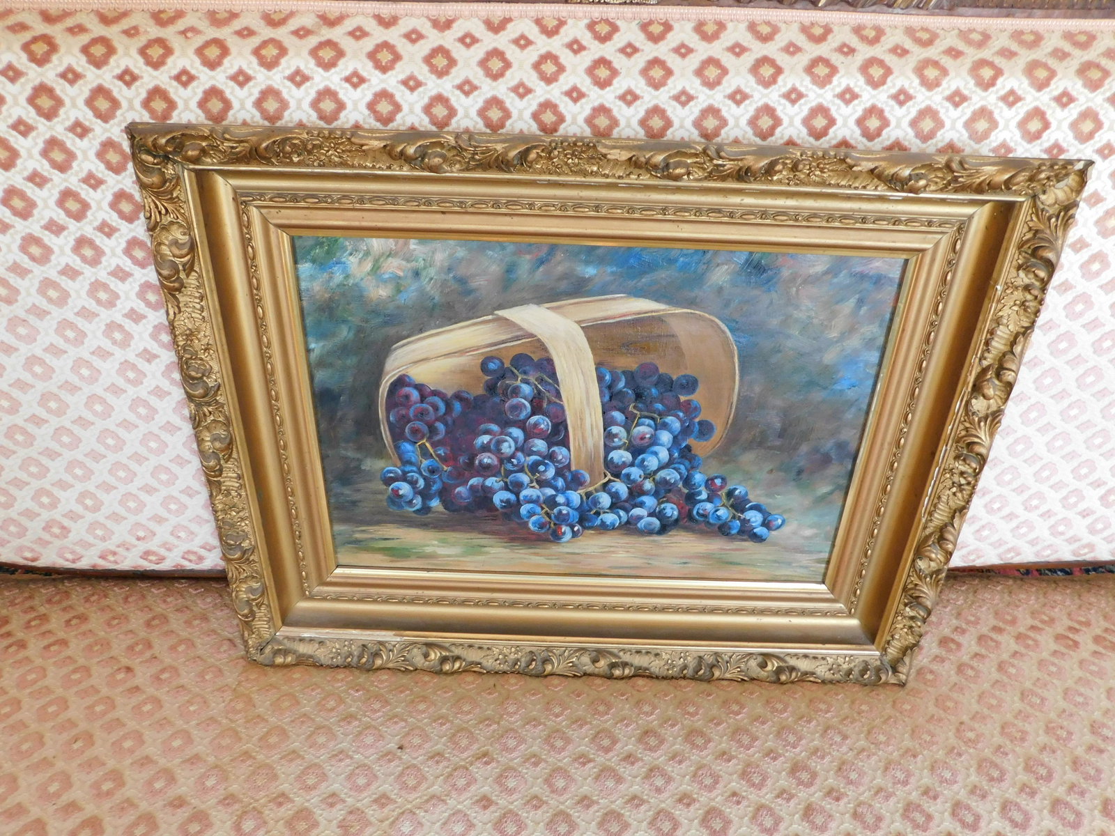 Still Life of Grapes in Basket: Turn of the century still life painting depicting grapes in a basket. Image measures 20 inches long by 14 inches tall. Please read the Complete Terms & Conditions for Local Pick up and shipping option