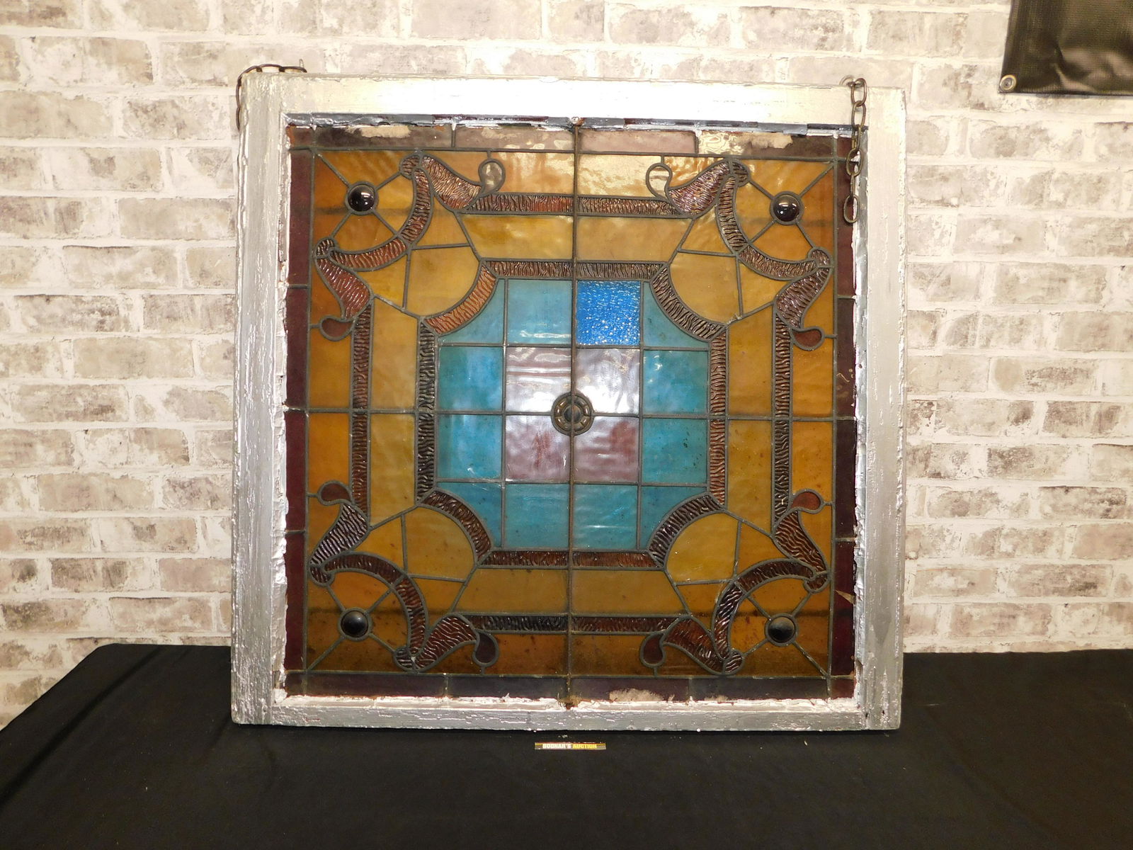 Early Framed Stained Glass Window with Jewels (1 of 6)