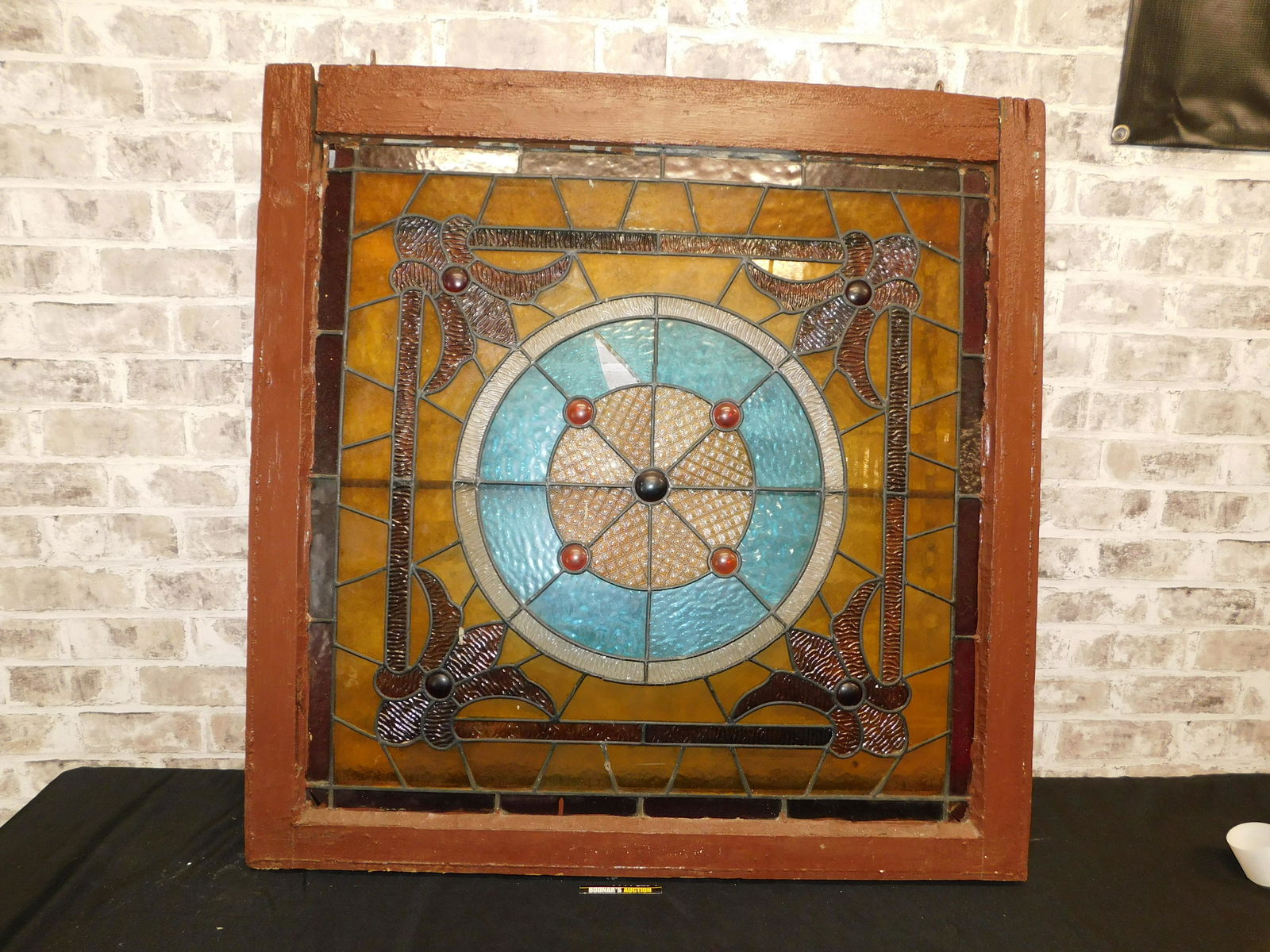 Early Framed Stained Glass Window with Jewels (1 of 6)