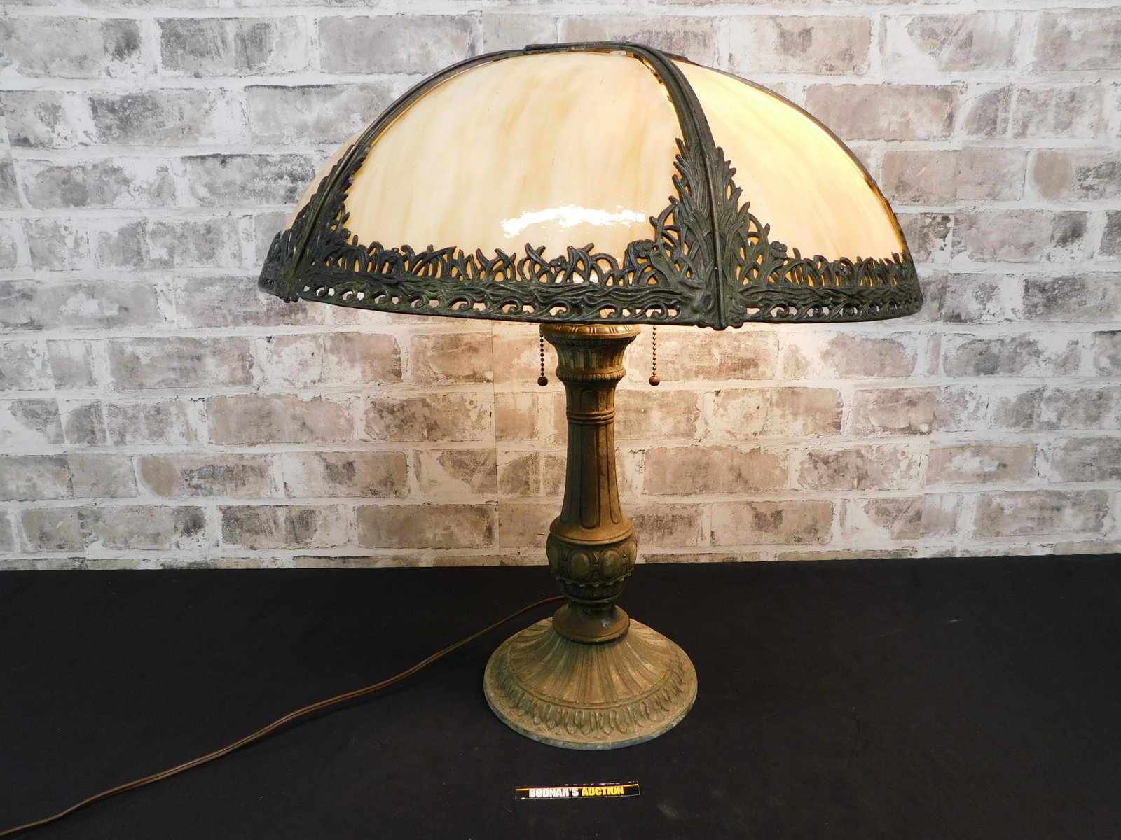 1920's Style Slag Glass Table Lamp: 1920's Style Slag Glass Table Lamp. Shade is older than base. Also needs new attachment for shade to base. Tested and Working. Measures 21" tall x 19.5" wide. Please read the Complete Terms & Conditio