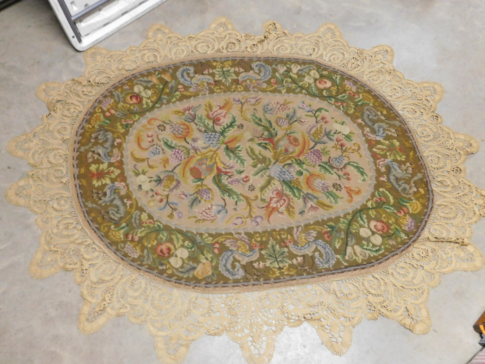 Antique Tapestry Rug with Sewed on Victorian Lace (1 of 6)
