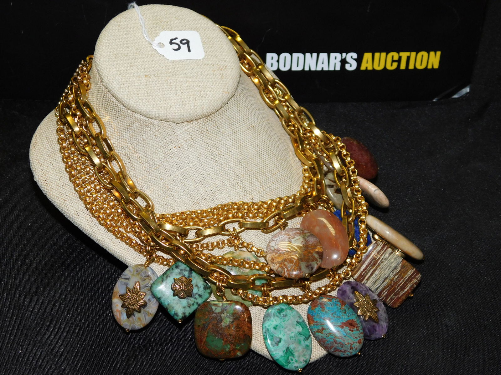Stone Necklace: Bronze necklace with lapis, jasper, African turquoise, agate and sunstone. Measures approx. 34". All invoices must be paid within 24 hours of the sale. All items are shipped USPS and will be billed se