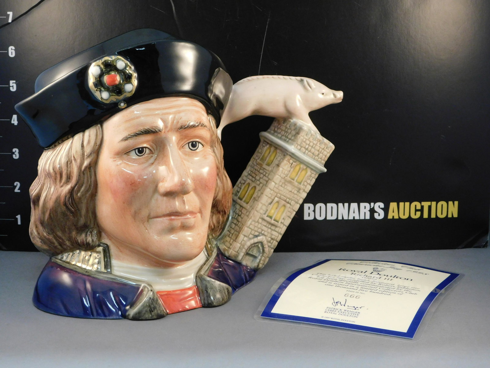 Royal Doulton Richard III Character Jug: Royal Doulton Richard III Character/Toby Jug. Collector Club Exclusive. Dated 1997. Limited Edition #666/1500. Measures 7.5" tall x 10" wide. All invoices must be paid within 24 hours of the sale. All