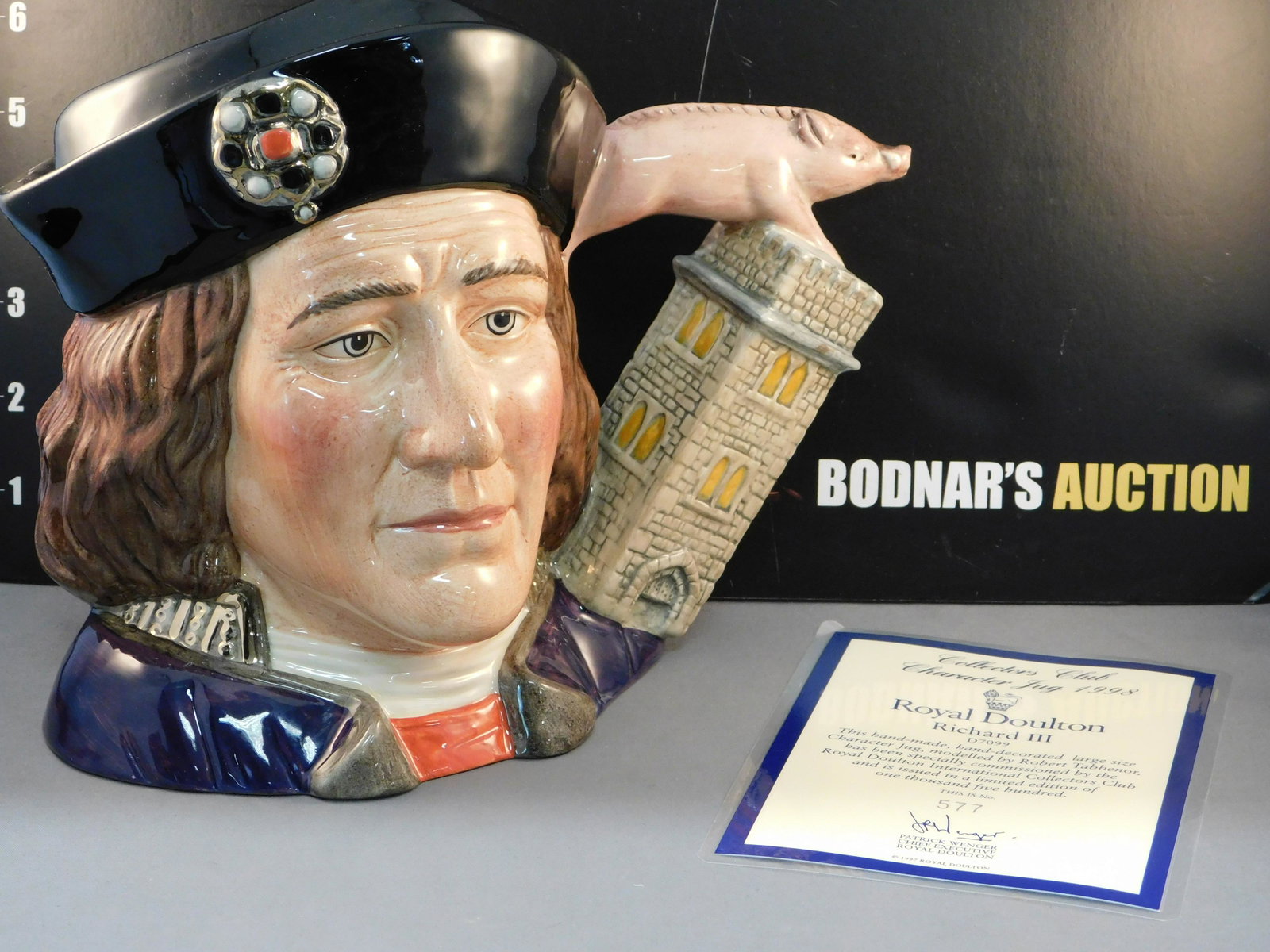 Royal Doulton Richard III Character Jug: Royal Doulton Richard III Character/Toby Jug. Collector Club Exclusive. D7099. Dated 1997. Limited Edition 577/1500. Measures 7.75" tall x 9" wide. All invoices must be paid within 24 hours of the sal