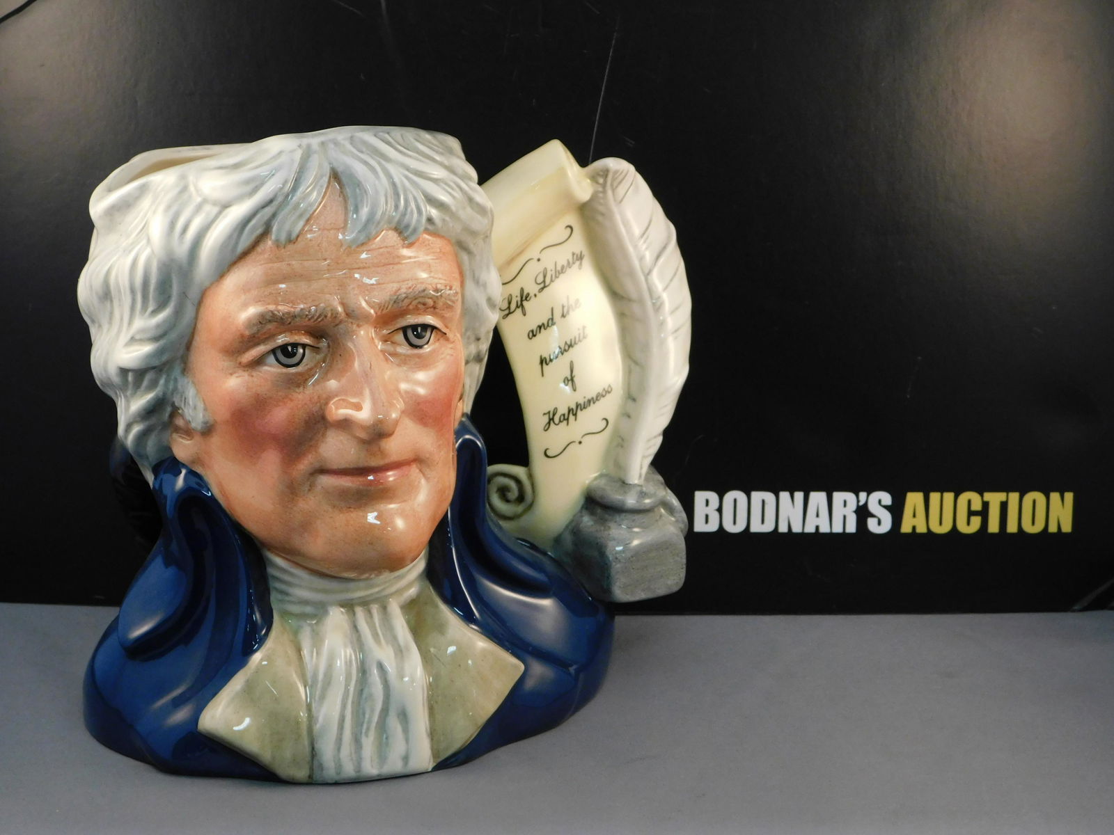Royal Doulton Thomas Jefferson Character Jug: Royal Doulton Presidential Series - Thomas Jefferson Character/Toby Jug. D6943. Dated 1993. Limited Edition 186/1500. Measures 7" tall x 7" wide. All invoices must be paid within 24 hours of the sale.