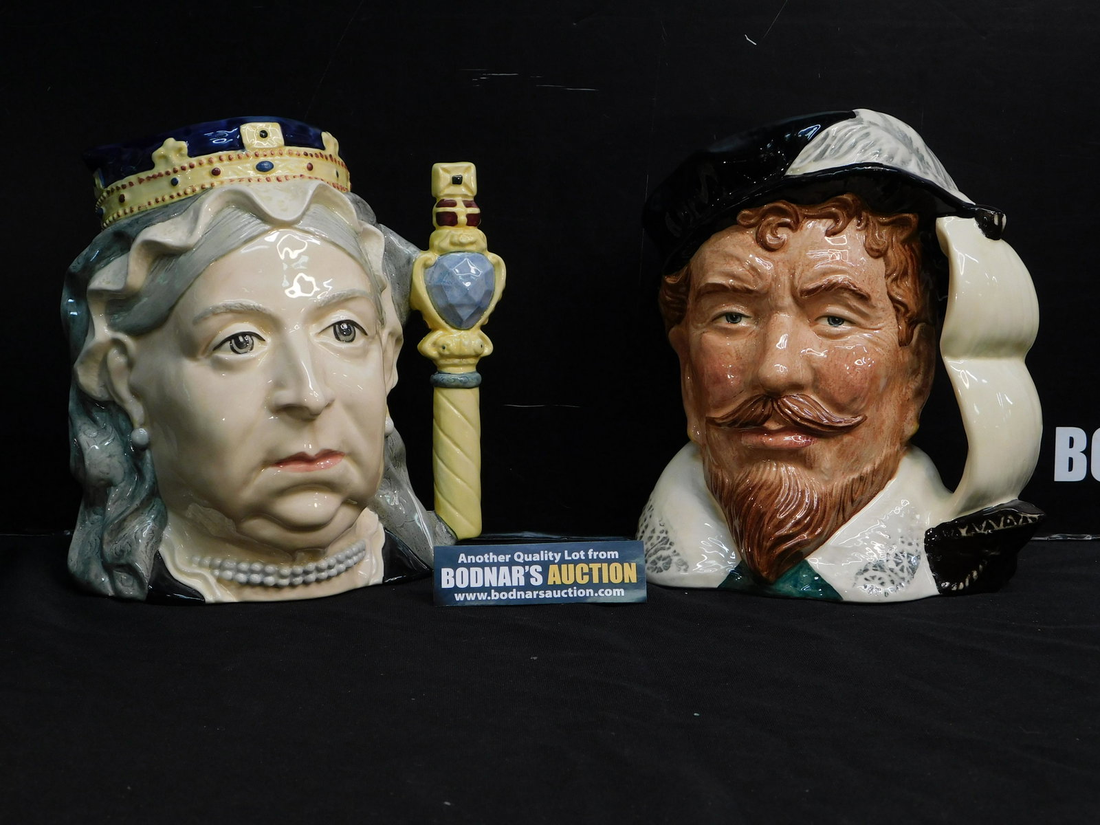 Lot of 2 Royal Doulton Character Jugs: Lot of 2 Royal Doulton Character/Toby Jugs. Included in this lot are Queen Victoria - D6788 dated 1987 Special Edition of 3000 measuring 7.25" tall x 6.5" and Sir Frances Drake - D6805 dated 1988 Spec