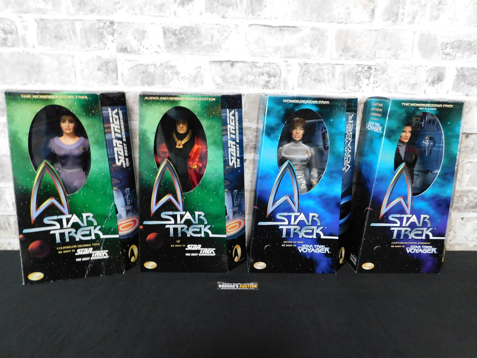 Star Trek Next Generation and Voyager Action Figure Lot: Star Trek The Next Generation and Voyager Action Figure Lot of 4. Included in this lot are Next Generation Q and Counseler Deanna Troi, and Voyager Seven of Nine and Captain Kathryn Janeway. All 12" F
