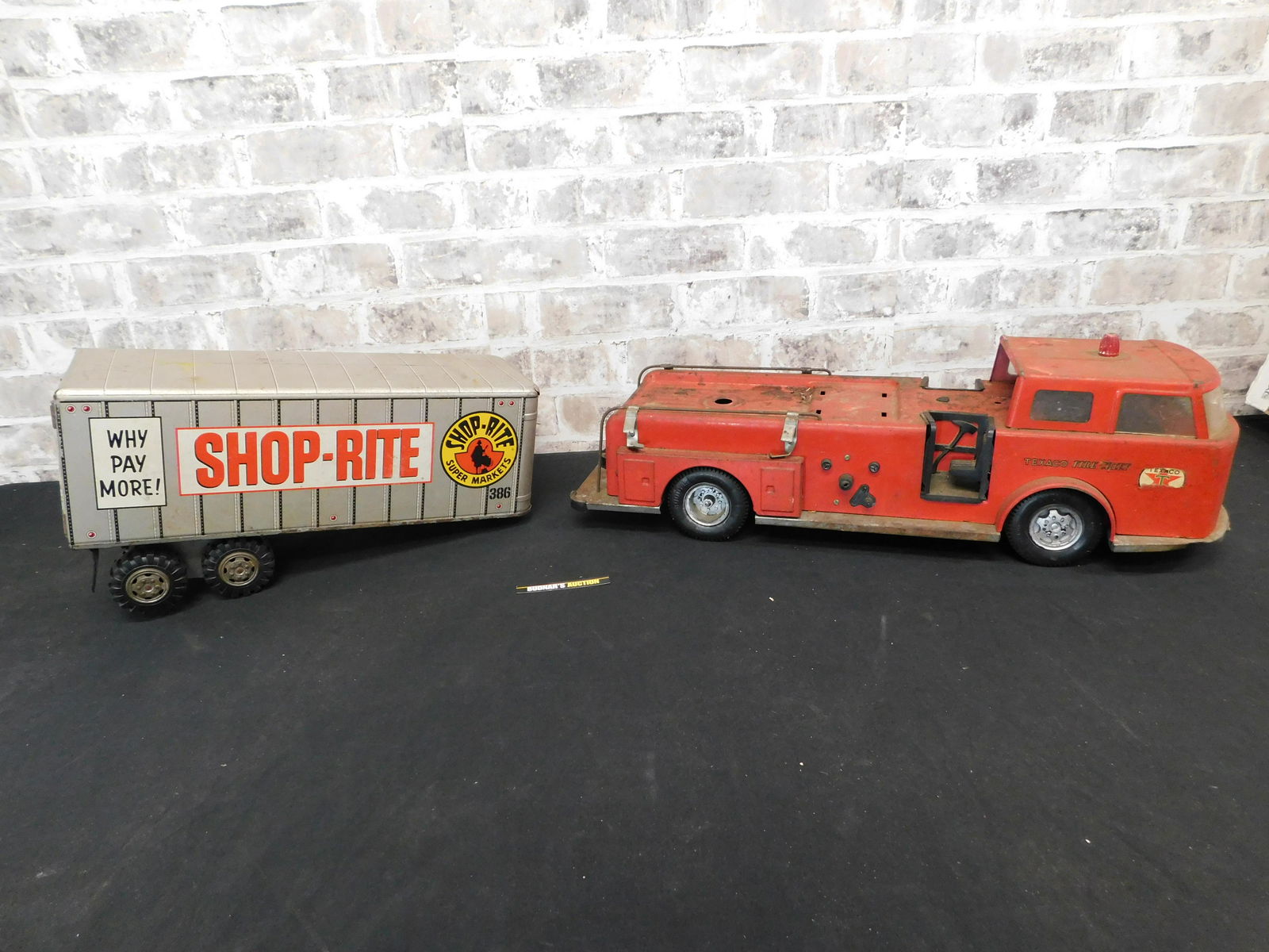 Box Lot with Texaco Firetruck and Shop Rite Trailer: Box Lot with Texaco Firetruck and Shop Rite Trailer. Please read the terms and conditions. This sale will be broadcast live on sale day with full descriptions of each lot being sold, as well as video