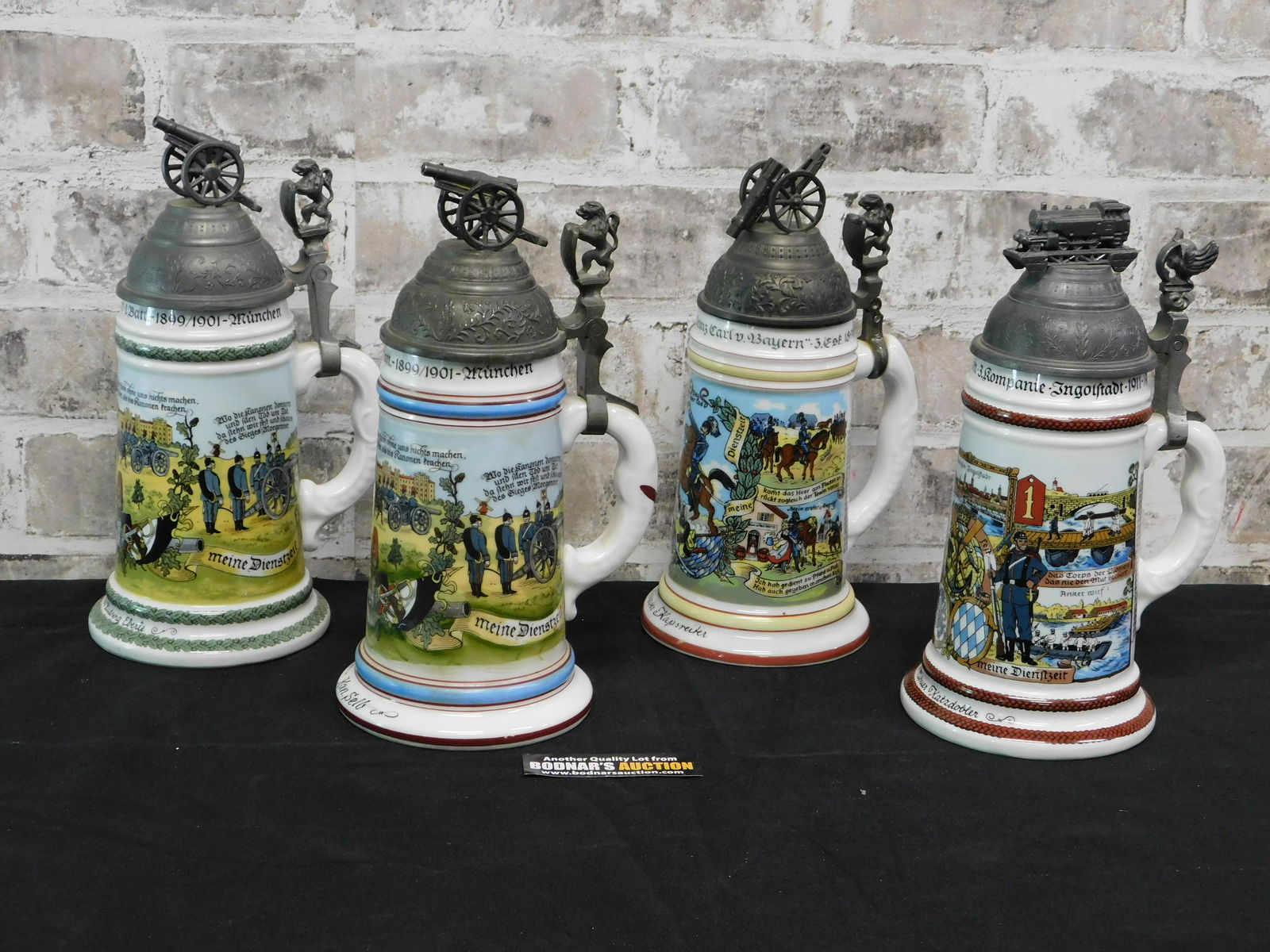 Lot of 4 German Lithophane Steins with Figural Pewter (1 of 9)