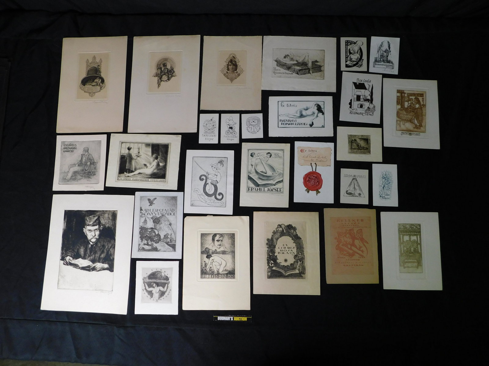 Lot of 26 Ex Libris Bookplates - Mixed Artists - Early: Lot of 26 Ex Libris Bookplates - Mix of Etchings and Woodblocks Depicting Hungarian Scenes, Nudes and More - Most Signed by Artists Szugyi Elemer, Szucs Pal, Gara Arnold, Bajor Agost, Rich Karloy, Bot