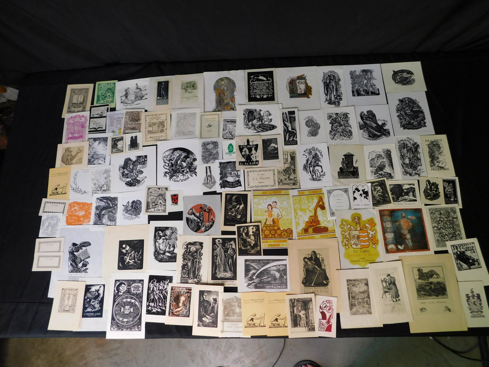 Lot of 85+ Ex Libris Bookplates - Various Artists: Lot of 85+ Ex Libris Bookplates. Mix of Etchings and Woodblocks. Depicting Art Deco Scenes, Nudes, Hungarian Scenes, Political Scenes, Animals, Mythological and More. Mixed Artists including Menyhart,