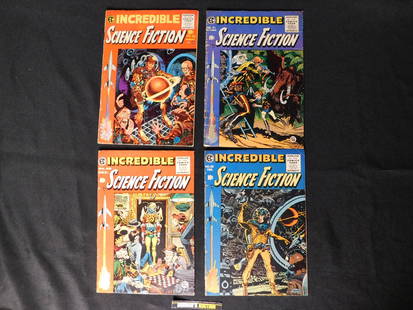 Full Run of Incredible Science Fiction Comics - 1955-56: Full Run of Incredible Science Fiction Comics from EC - #30,31,32, and 33. 1955-1956. 3 Jack Davis Covers and 1 Wally Wood. #33 has large 4" spine split, tape, and color touch on front cover. #31 has