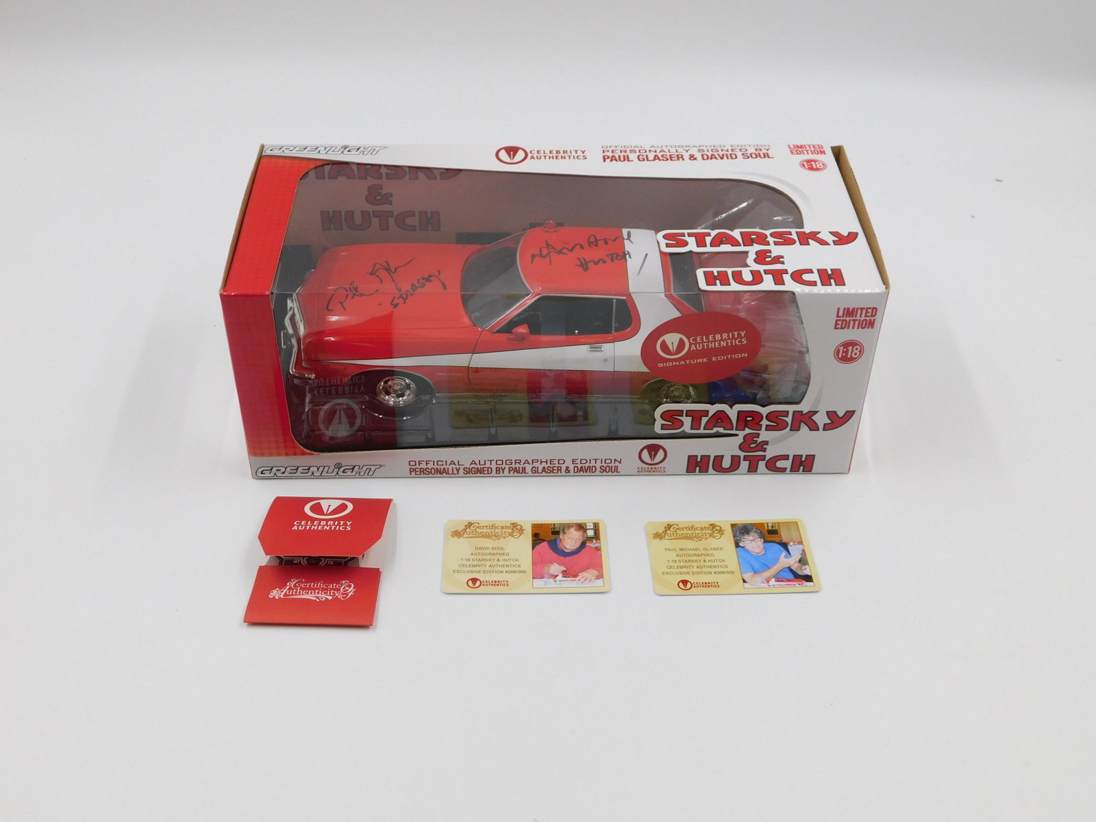 Autographed Starsky & Hutch Car: David Soul and Paul Michael Glaser autographed Starsky & Hutch 1:38 scale die-cast car. #206 of 500. Has Celebrity Authentics COA. All invoices must be paid within 24 hours of the sale. All items are 
